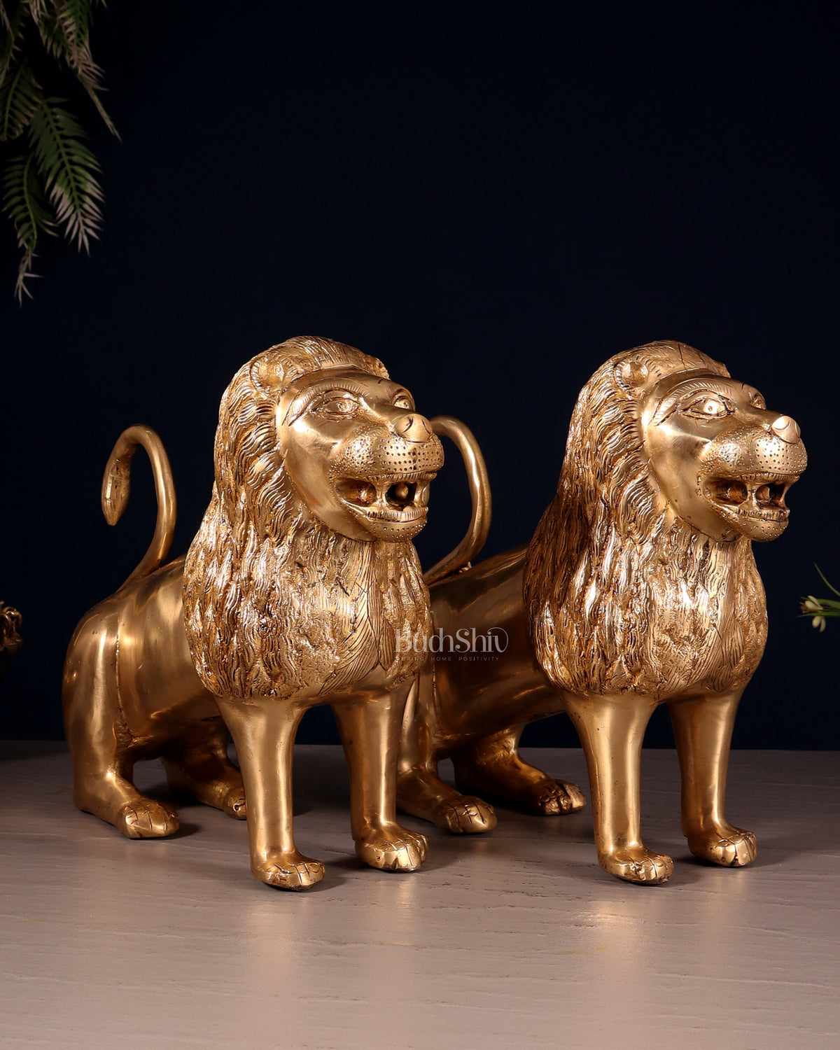Majestic Brass Roaring Lion Pair – Handcrafted Decor Statues 12"