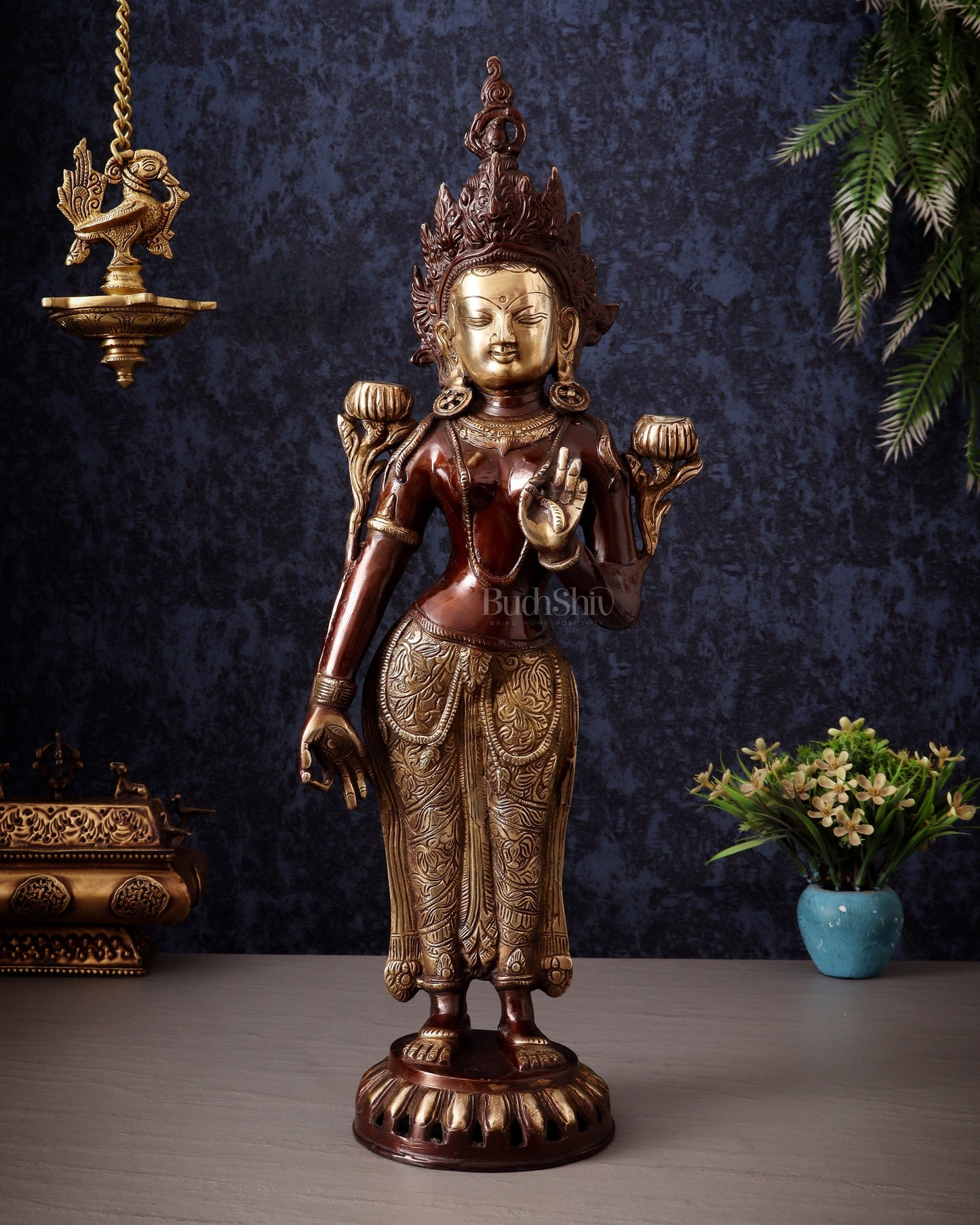 Pure Brass Standing Goddess Tara Idol – Dual Tone Copper & Gold Finish 19.5" - Sama Homes Idol - Brass Sculpture