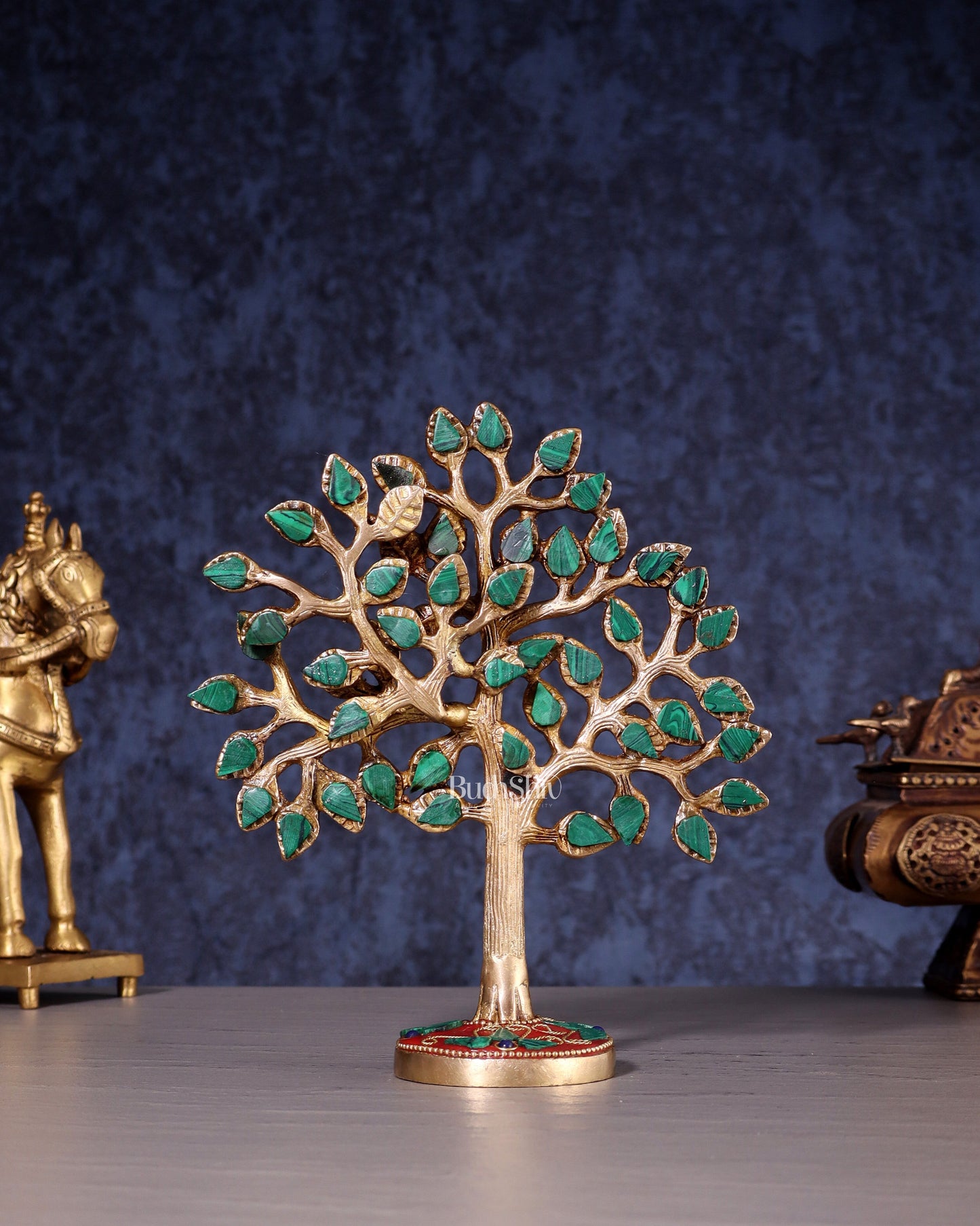 Pure Brass Kalpavriksha Tree with Stone Inlay – Table Decor Accent 7" - Sama Homes Idol - Brass Sculpture