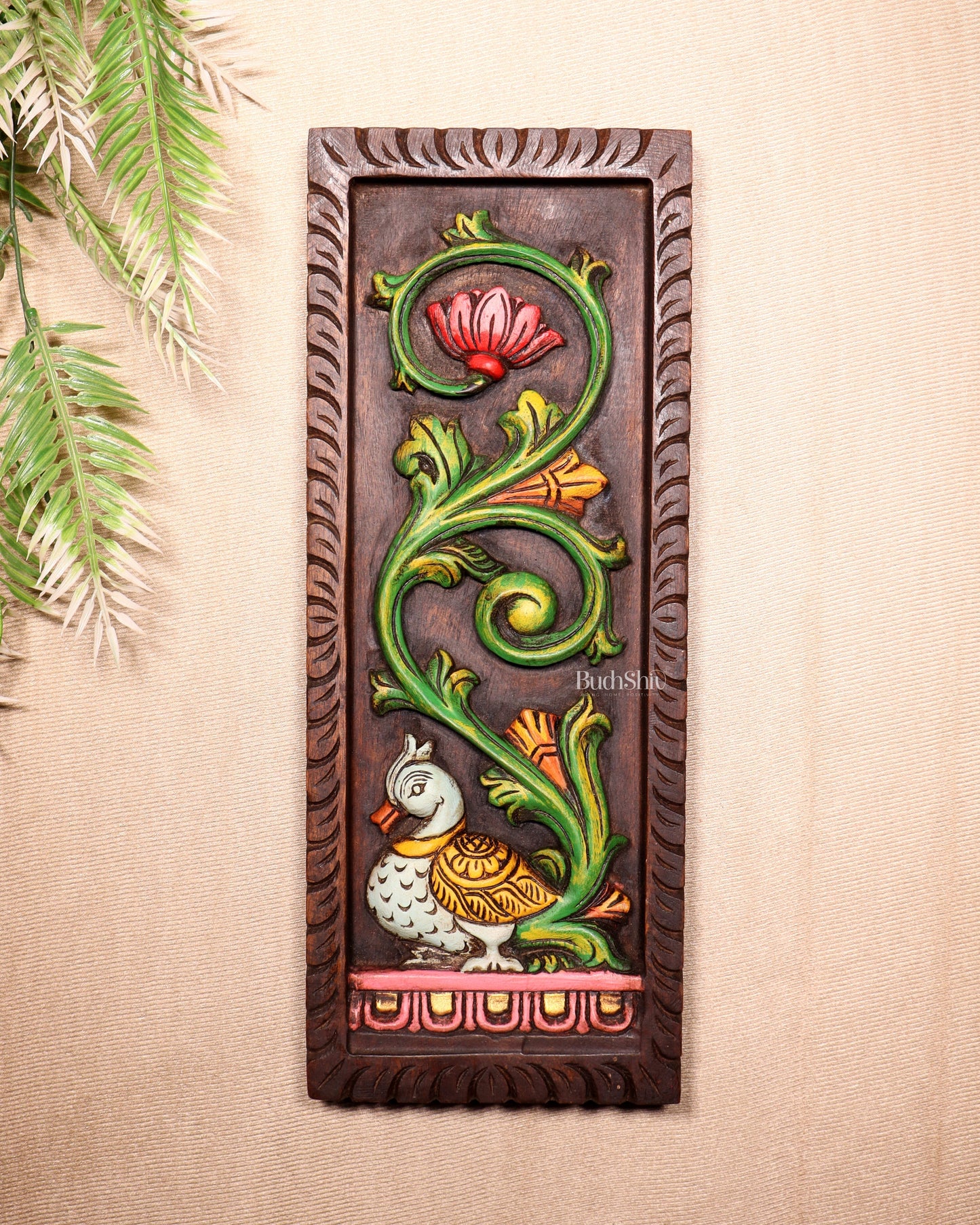 Peacock Handcrafted & Hand-Painted Wooden Wall Hanging Panel 15" - Sama Homes Idol - Brass Sculpture