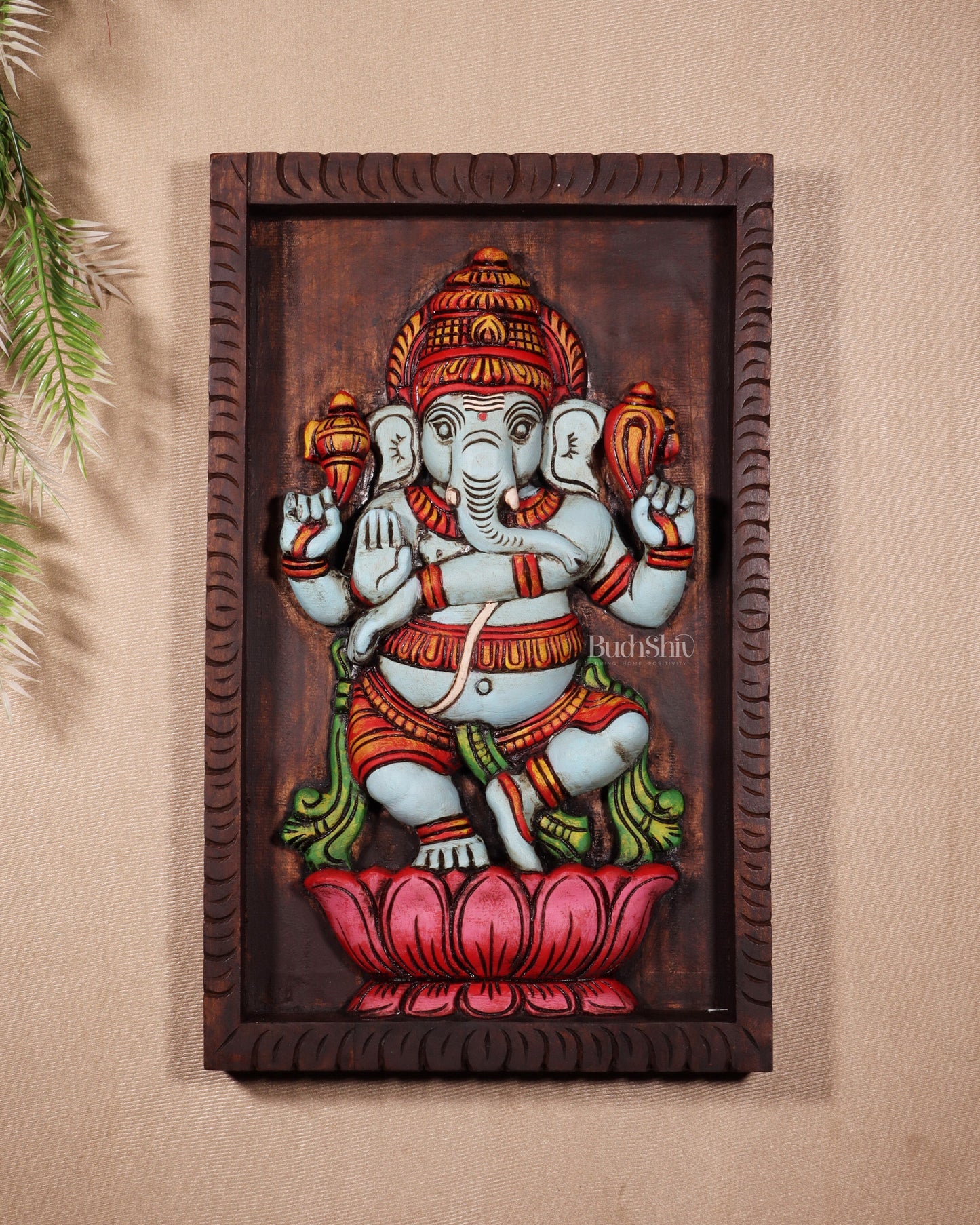 Dancing Ganesha on Lotus - Handcrafted & Hand-Painted Wooden Wall Hanging Panel 18" - Sama Homes Idol - Brass Sculpture