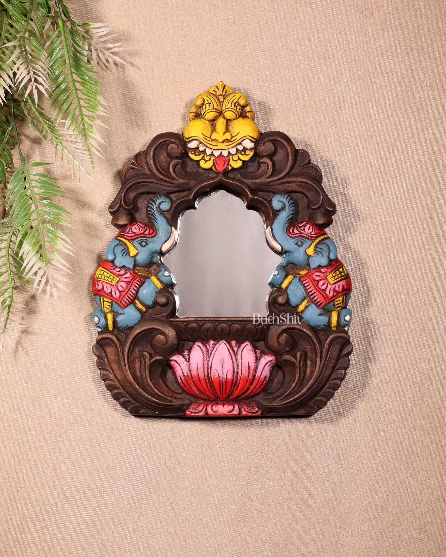 Handcrafted Wooden Twin Elephant & Kirtimukha Wall Bracket with Mirror 12"