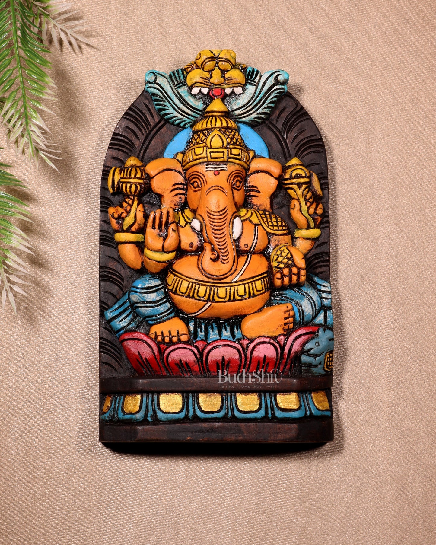 Handcrafted Wooden Lord Ganesha Wall Hanging – Hand-Painted 12" - Sama Homes Idol - Brass Sculpture