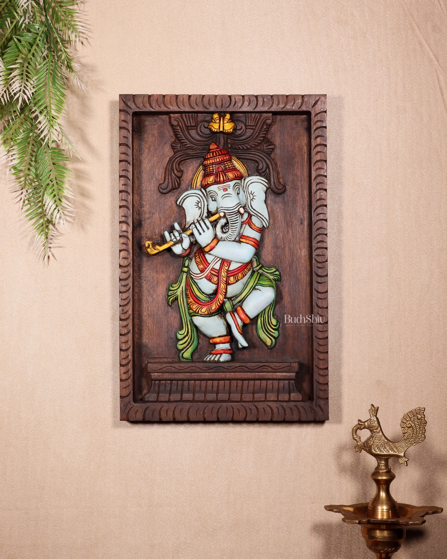 Dancing Ganesha Playing Flute – Handcrafted & Hand-Painted Wooden Wall Hanging Panel 18" - Sama Homes Idol - Brass Sculpture