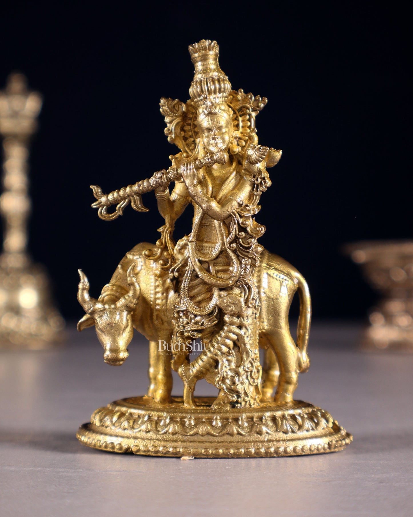 Pure Bronze Krishna with Cow Idol | 3.5" (8.9 cm) Panchaloha - Sama Homes Idol - Brass Sculpture
