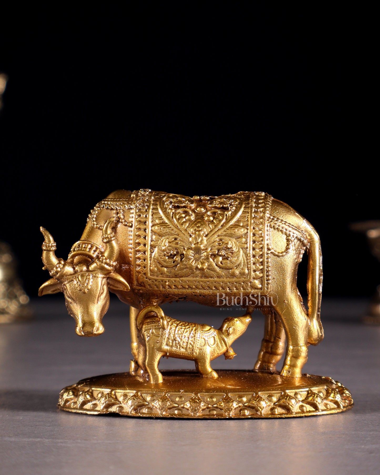 Panchaloha Pure Bronze Cow with Calf Idol – Gomatha Kamdhenu | 2.5" - Sama Homes Idol - Brass Sculpture