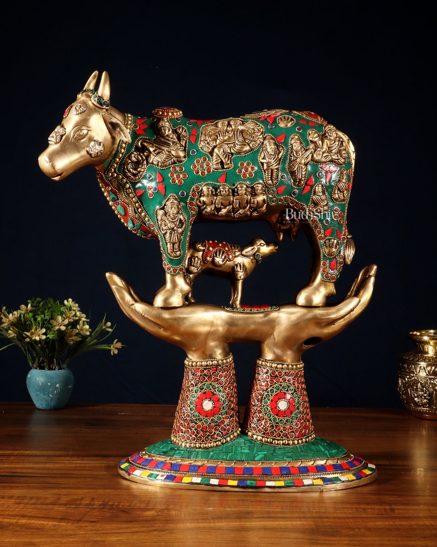 Brass Superfine Kamadhenu Cow with Calf Idol large 18" meenakari