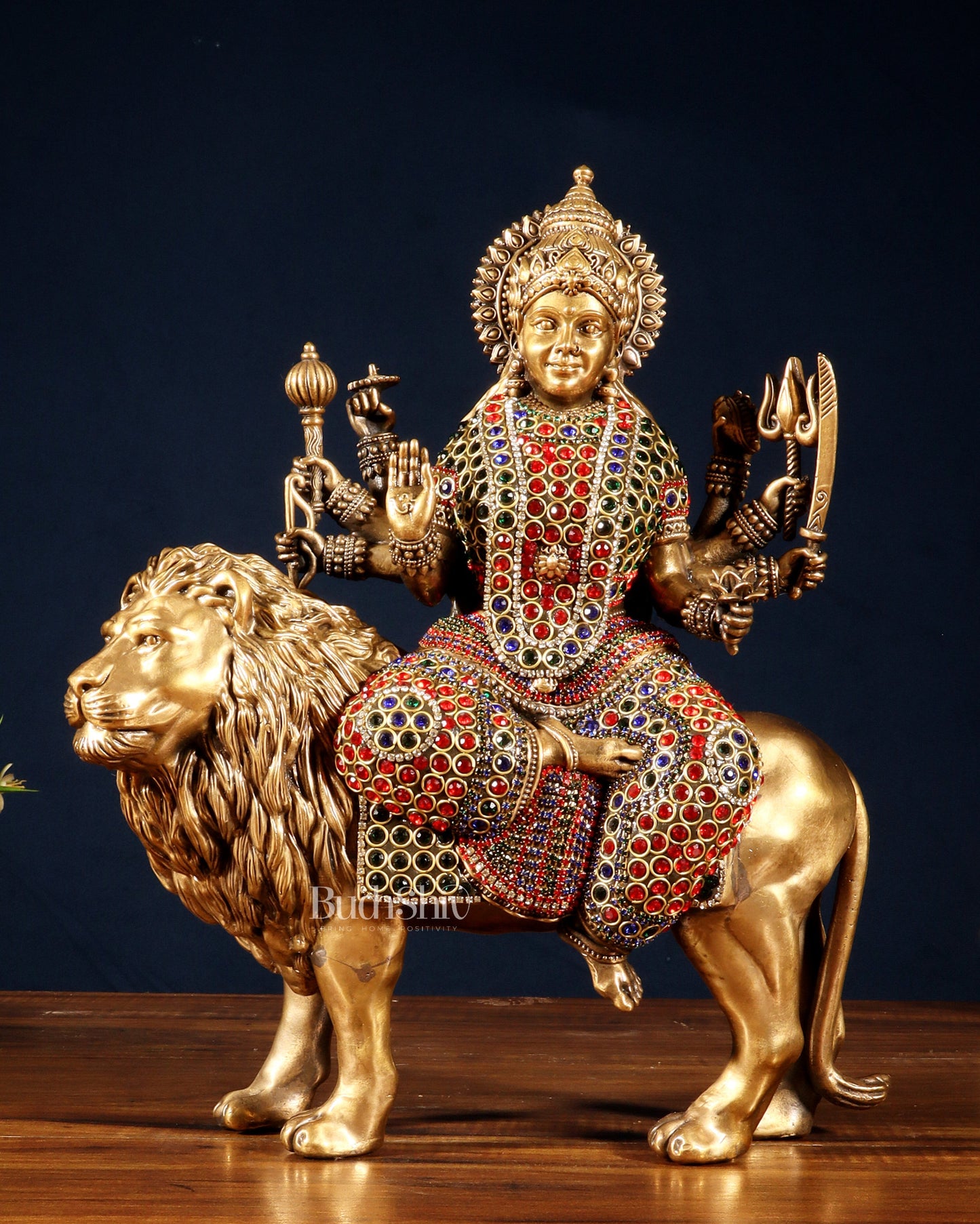 Superfine Brass Goddess Durga Sherawali Mata Idol 12" with jewellers meenakari - Sama Homes Idol - Brass Sculpture