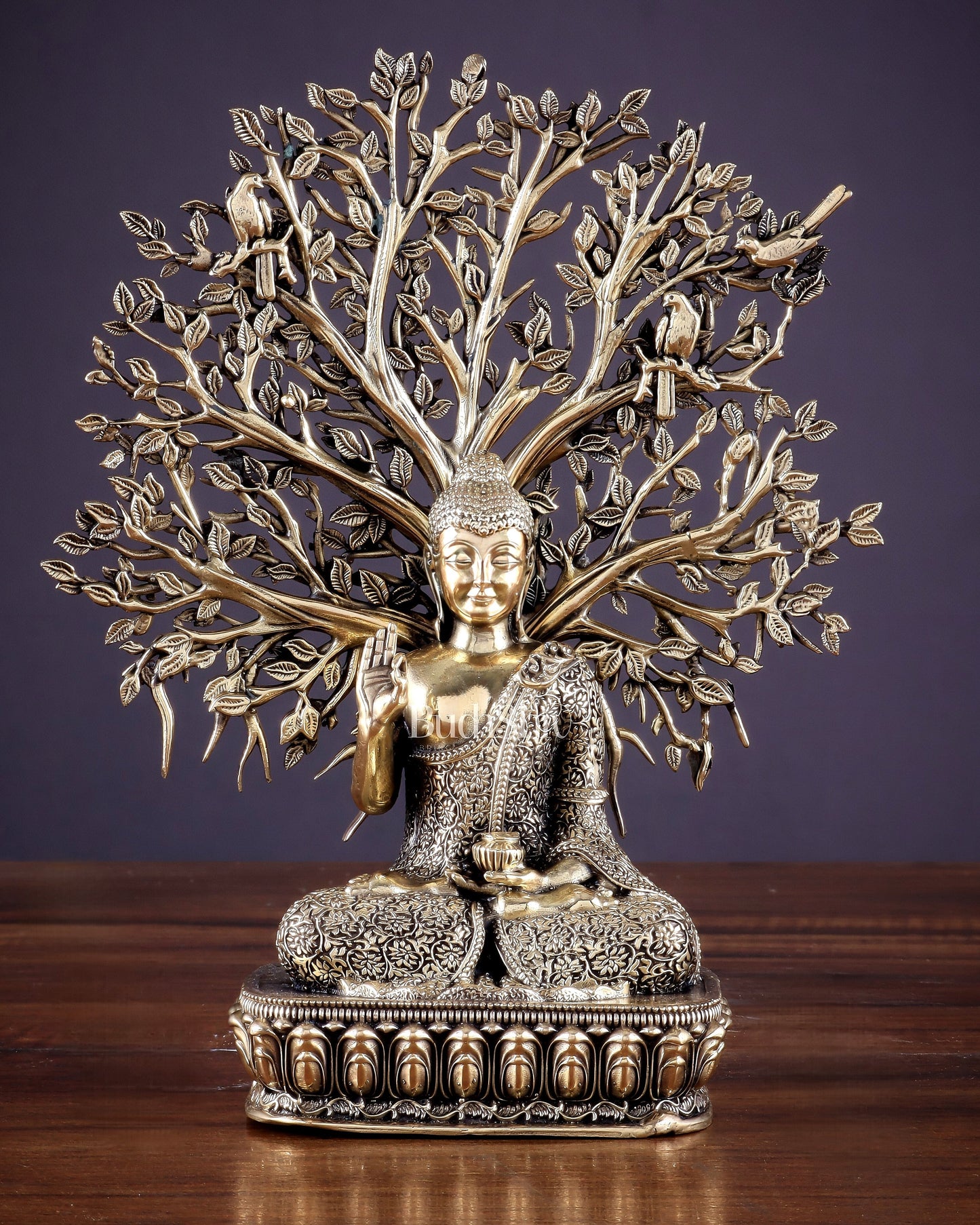 Intricate Superfine Brass Lord Buddha with Bodhi Tree Idol 6.5" - Sama Homes Idol - Brass Sculpture