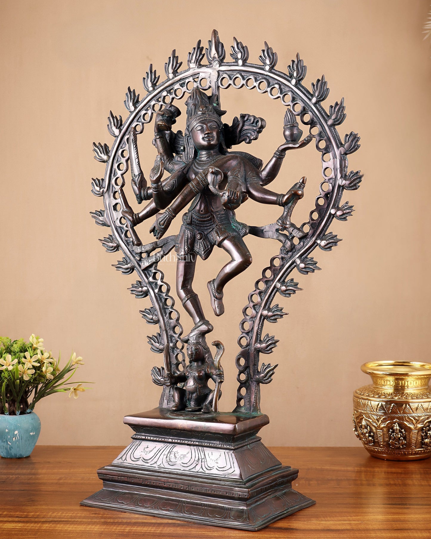 Pure Brass Eight-Armed Nataraja Statue – Antique Bronze Tone 21.5" - Sama Homes Idol - Brass Sculpture