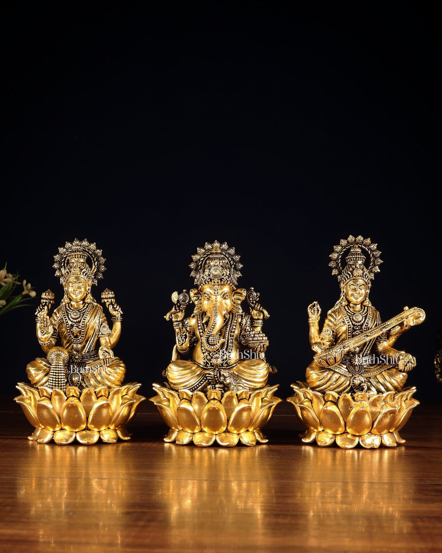 Superfine Brass Ganesh Lakshmi Saraswati Set | 6" (15.24 cm) Lotus Idols – Gold Finish - Sama Homes Idol - Brass Sculpture