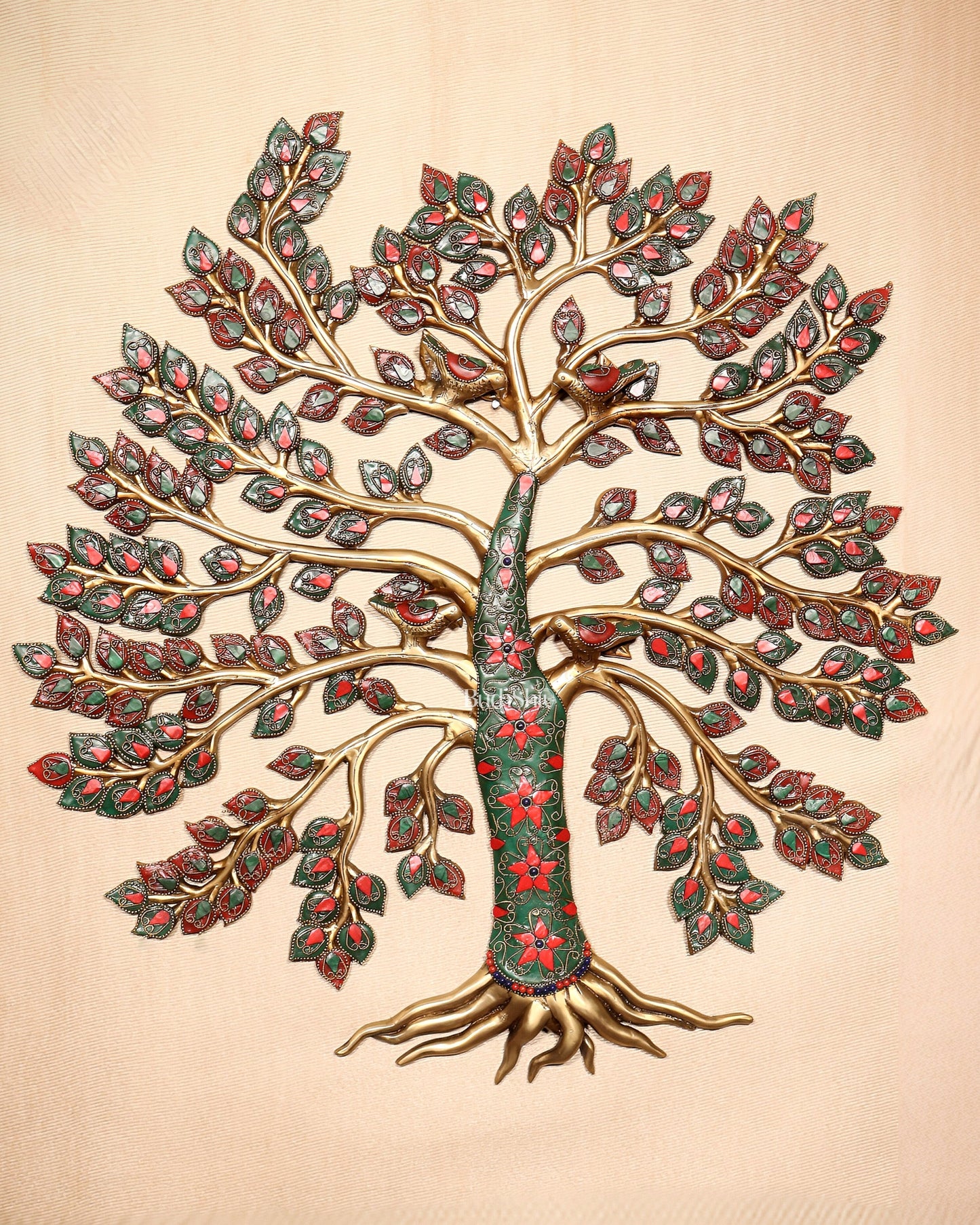 Brass Kalpavriksha Tree of Life Wall Hanging with Birds & Stonework – 23" x 22"