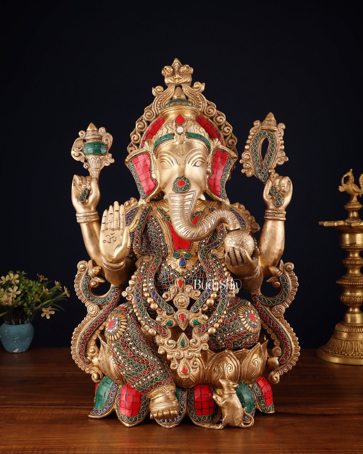 Brass Lord Ganesha large idol 21" with Stonework | 100% Certified Copper & Brass - Sama Homes Idol - Brass Sculpture