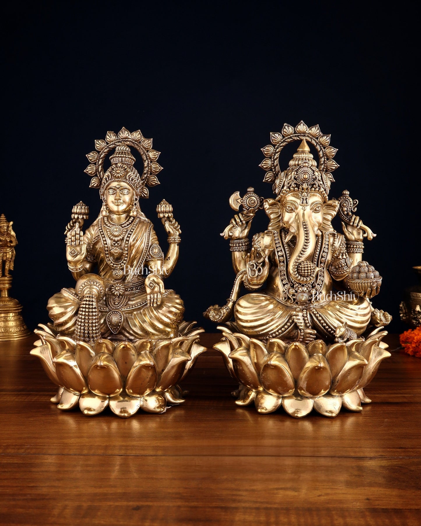 Pure Brass Intricate Ganesha & Lakshmi on Lotus Statues – 12" - Sama Homes Idol - Brass Sculpture