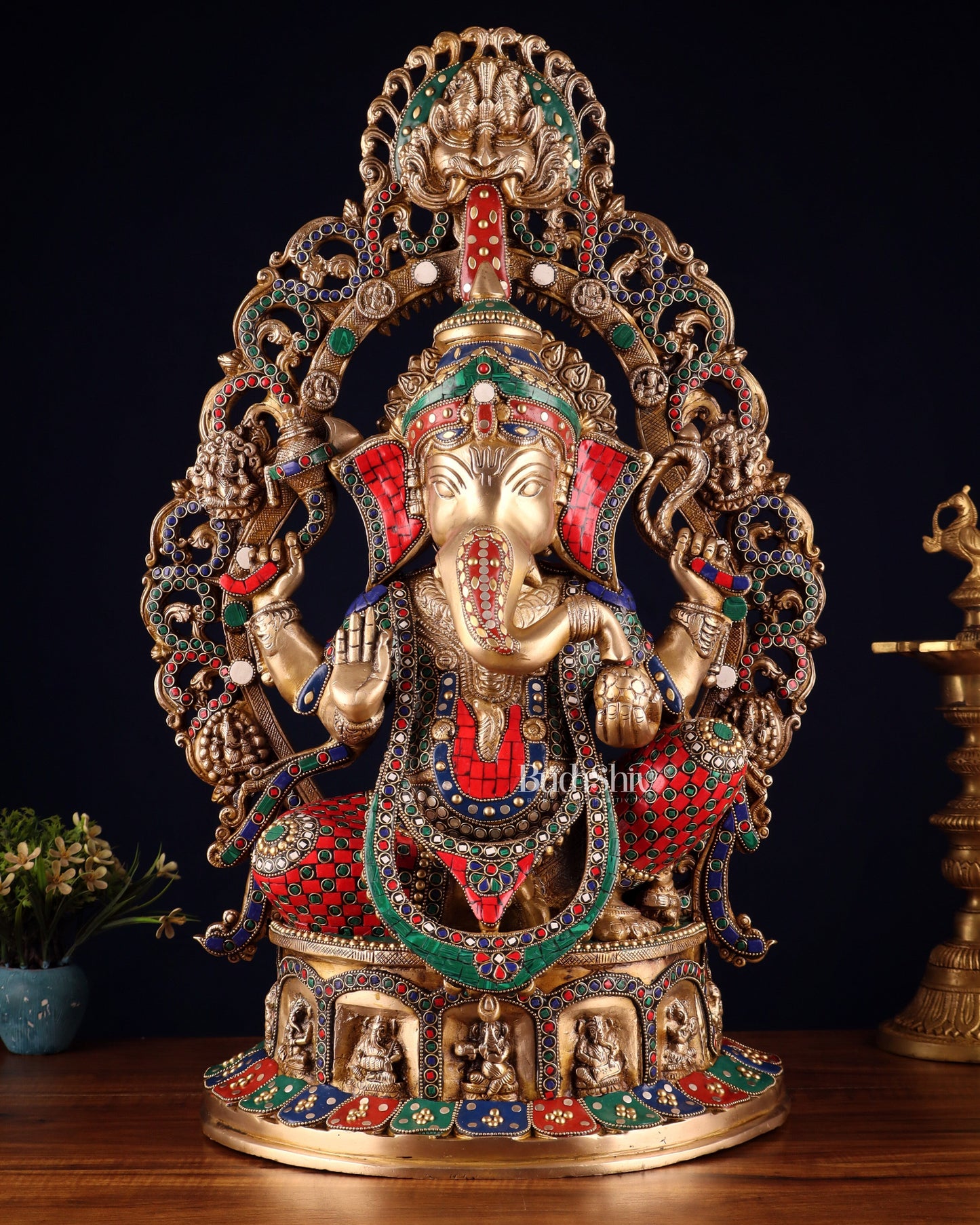 Brass Handcrafted Superfine Lord Ganesha Statue - 26 inch with stonework | 100% Certified Copper & Brass - Sama Homes Idol - Brass Sculpture