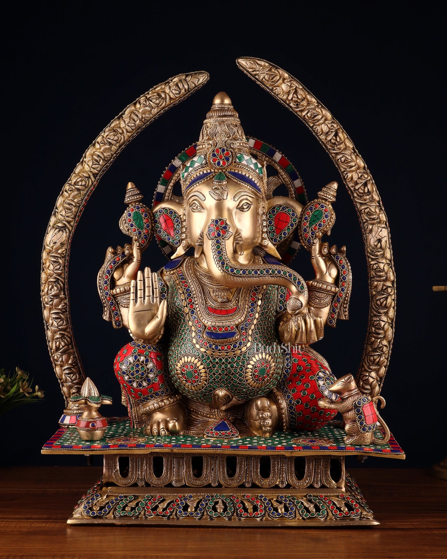 Handcrafted Superfine Brass Ganapathi Statue 22 inch stonework - Sama Homes Idol - Brass Sculpture