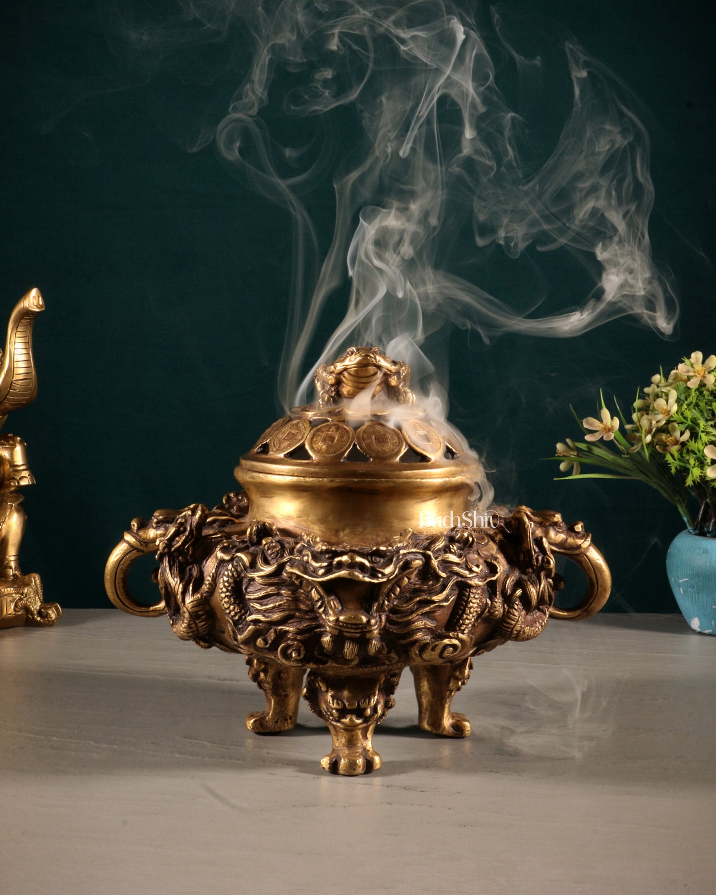 Pure Brass Vintage Dhoop Burner with Buddhist Dragon Carvings 6"