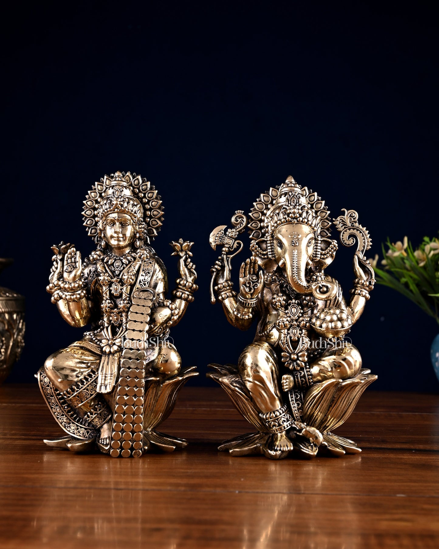 Brass Superfine Ganesha Lakshmi Idol Pair – 7 Inch | 100% Certified Copper & Brass - Sama Homes Idol - Brass Sculpture