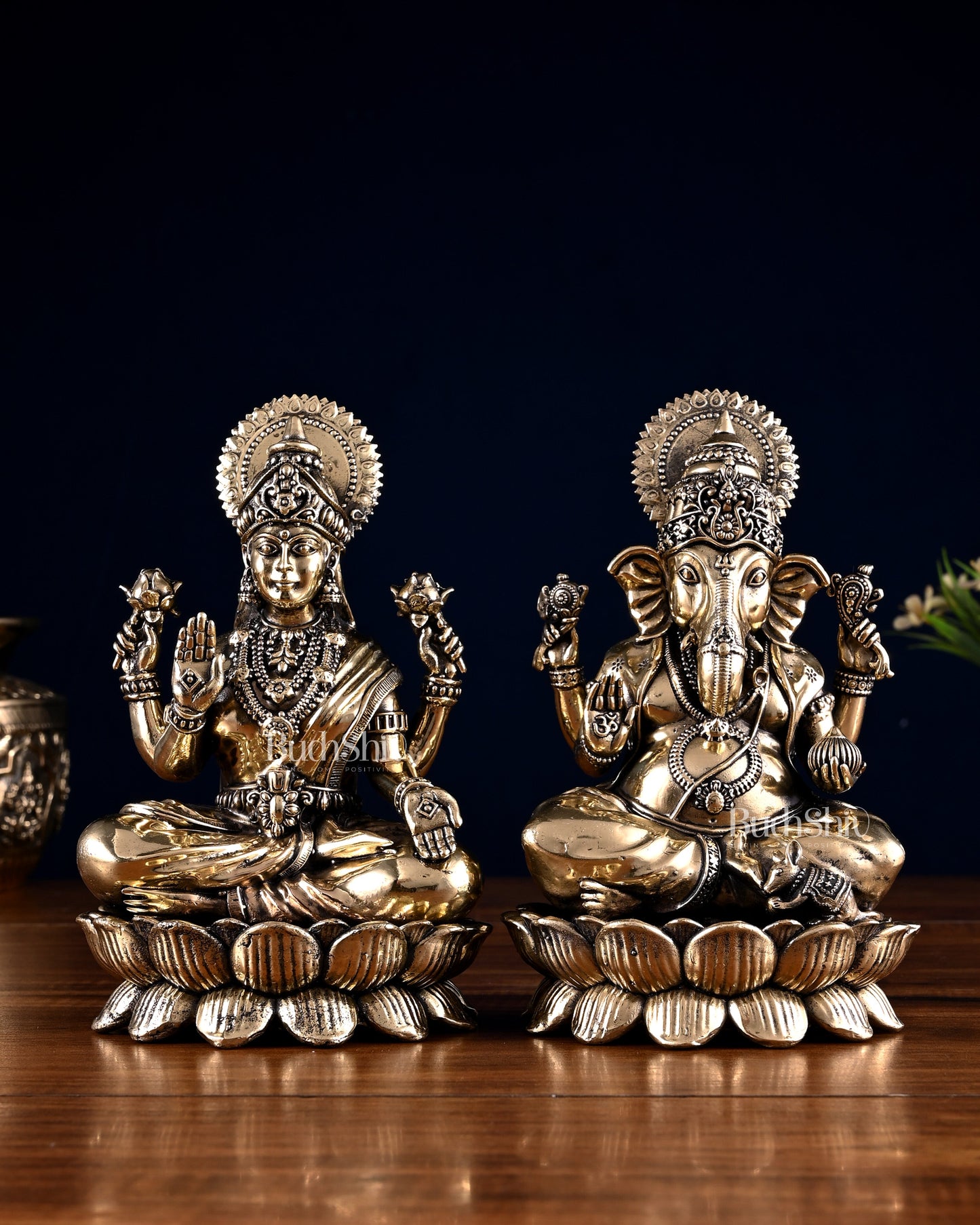Brass Superfine Ganesha Lakshmi Idol Pair – 7 Inch | 100% Certified Copper & Brass - Sama Homes Idol - Brass Sculpture