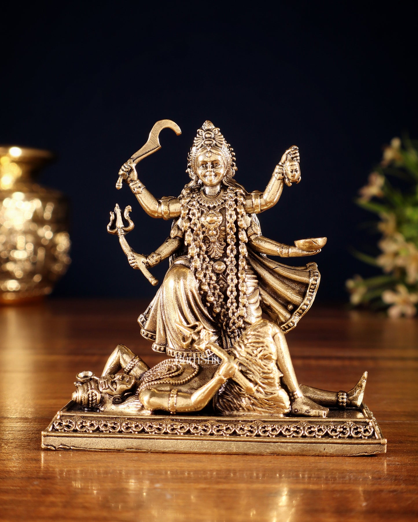 Pure Brass Superfine Goddess Kali Idol – 4" - Sama Homes Idol - Brass Sculpture