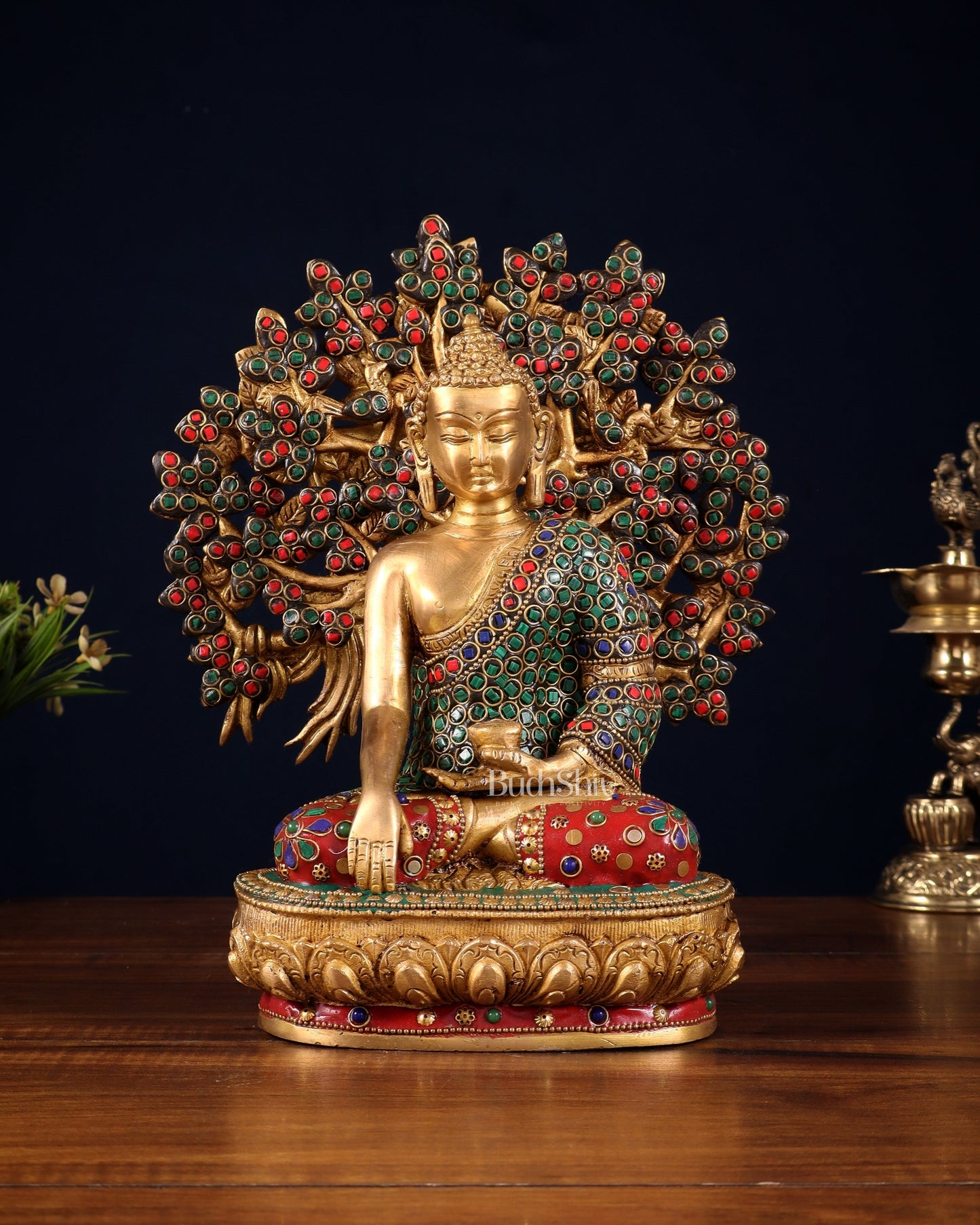 Pure Brass Buddha Statue with Kalpavriksha Tree – Stone Embellished 11" - Sama Homes Idol - Brass Sculpture