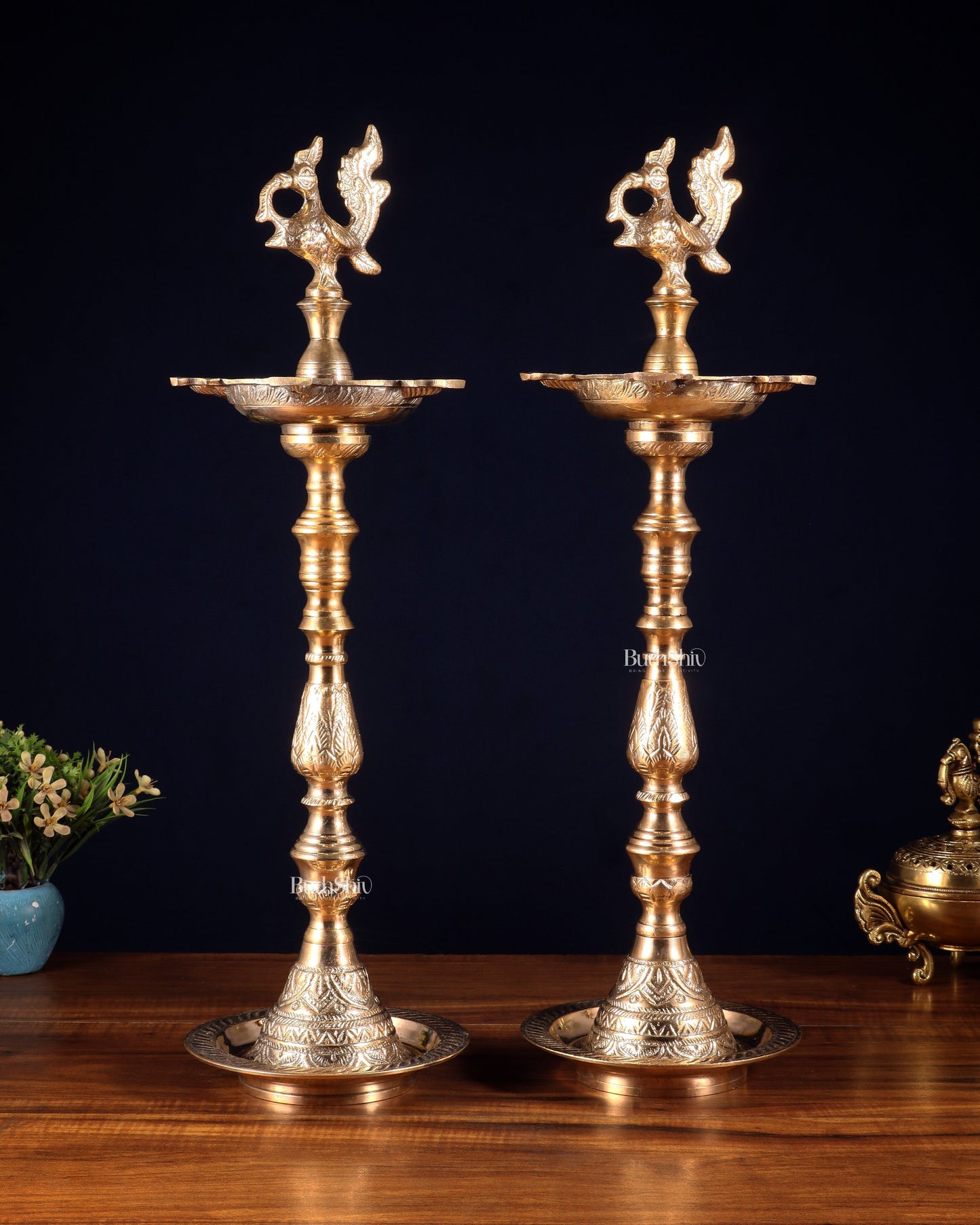 Brass Mahabharat Inauguration Oil Lamp Diya – 21" Pair – Sama Homes