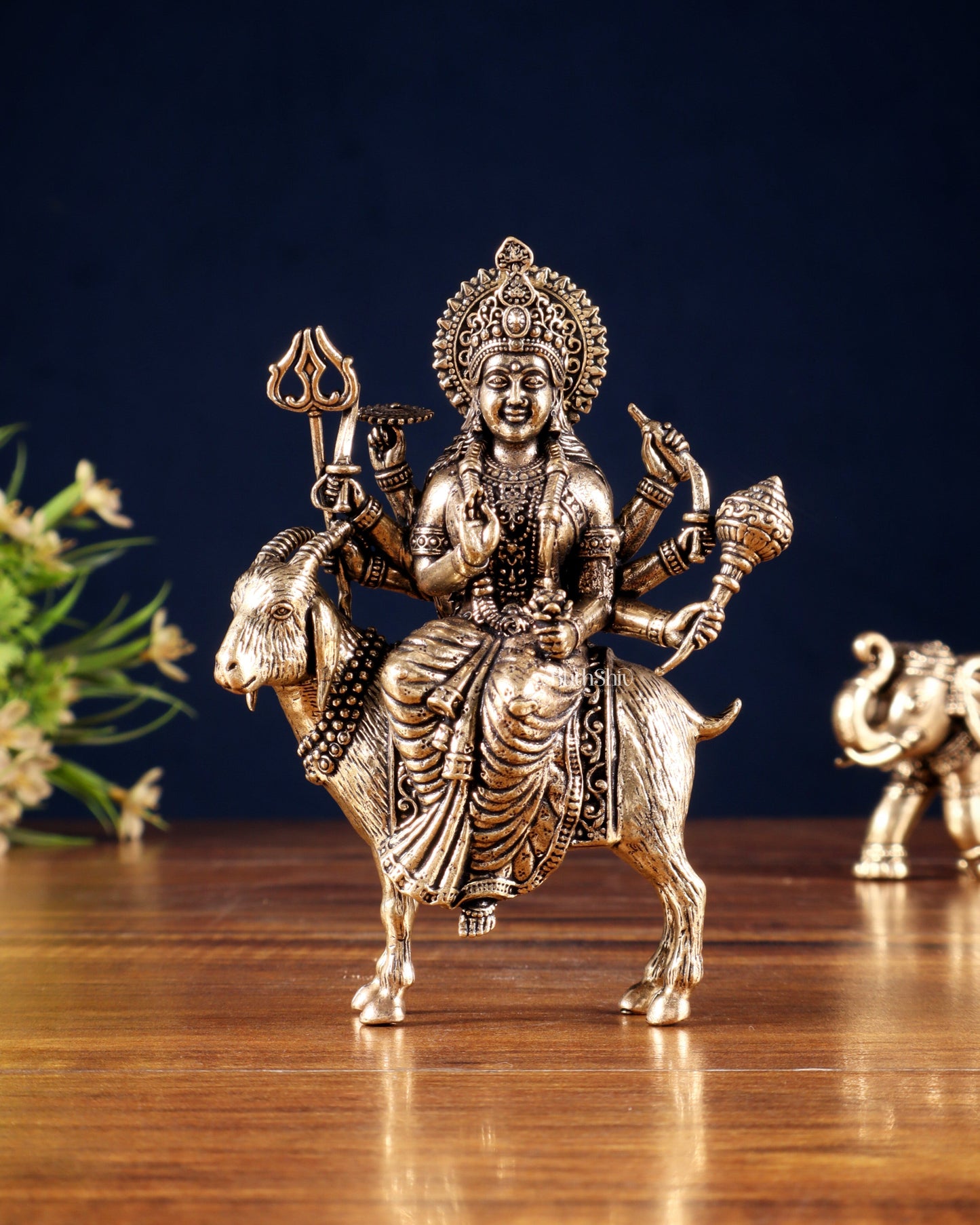 Pure Brass Meldi Mata idol seated on goat 5" - Sama Homes Idol - Brass Sculpture