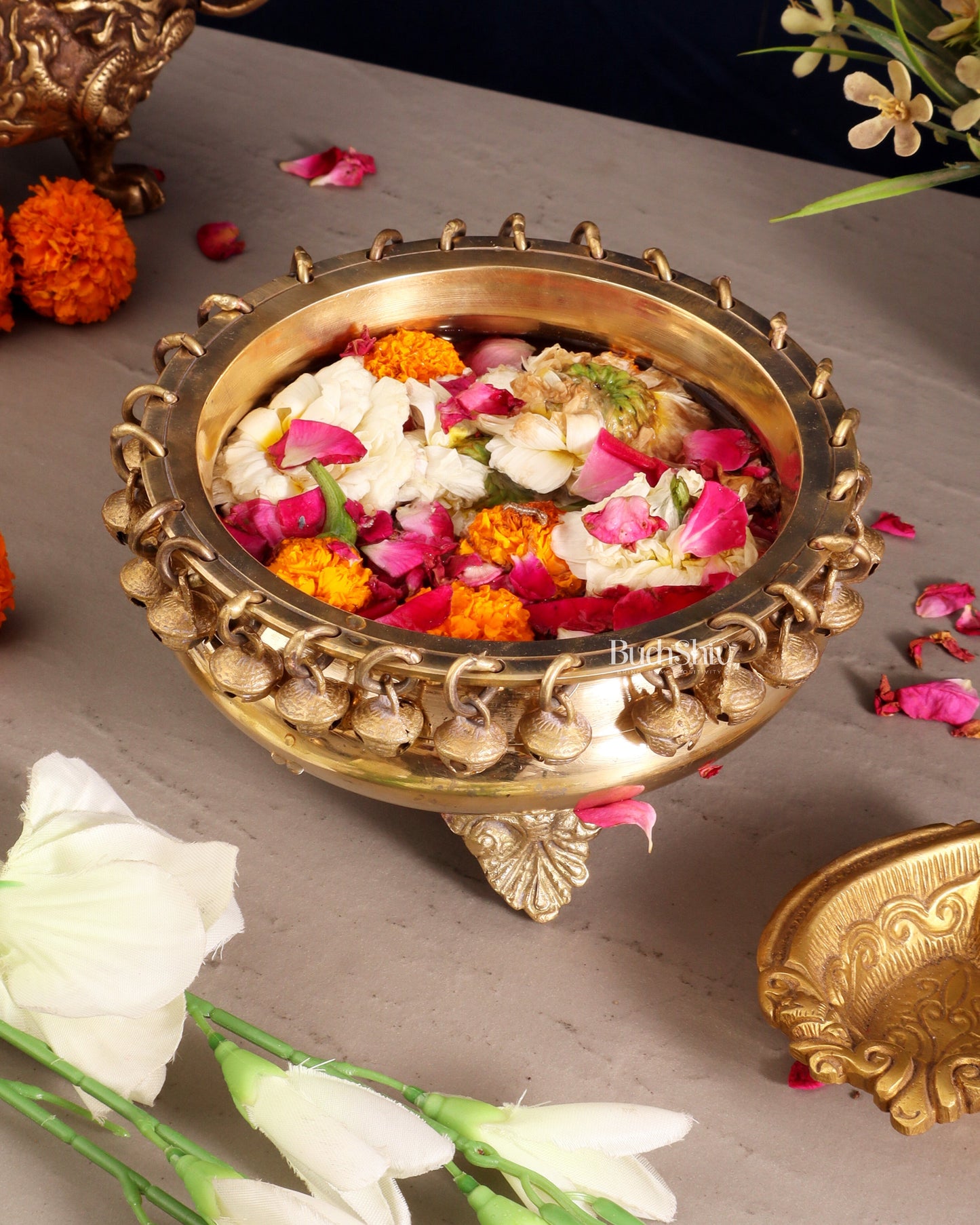 Pure Brass Urli with Stand and Ghunghroos 8" â Sama Homes