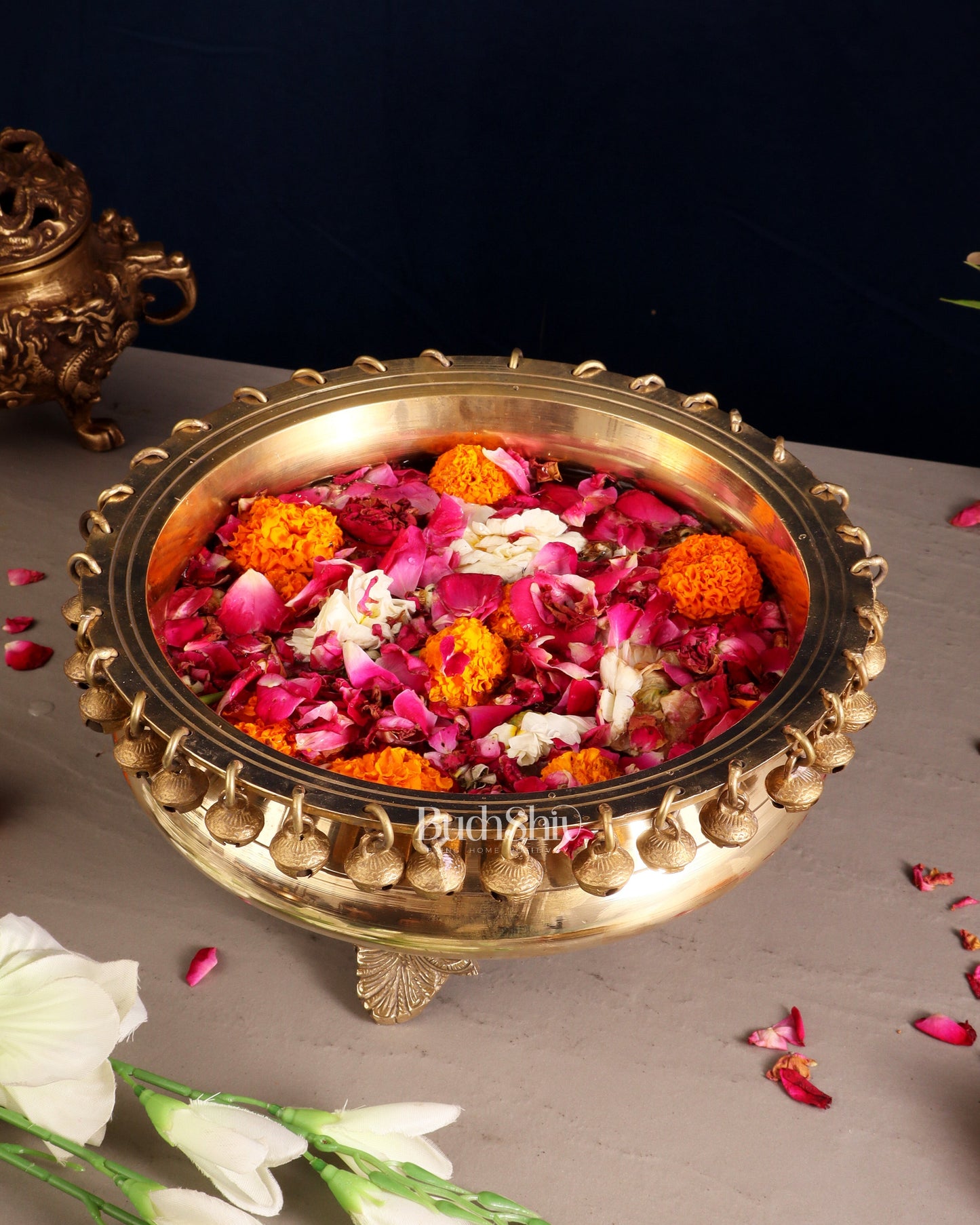 Pure Brass Urli with Stand and Ghunghroos – 10" x 10" | Traditional Décor | – Sama Homes