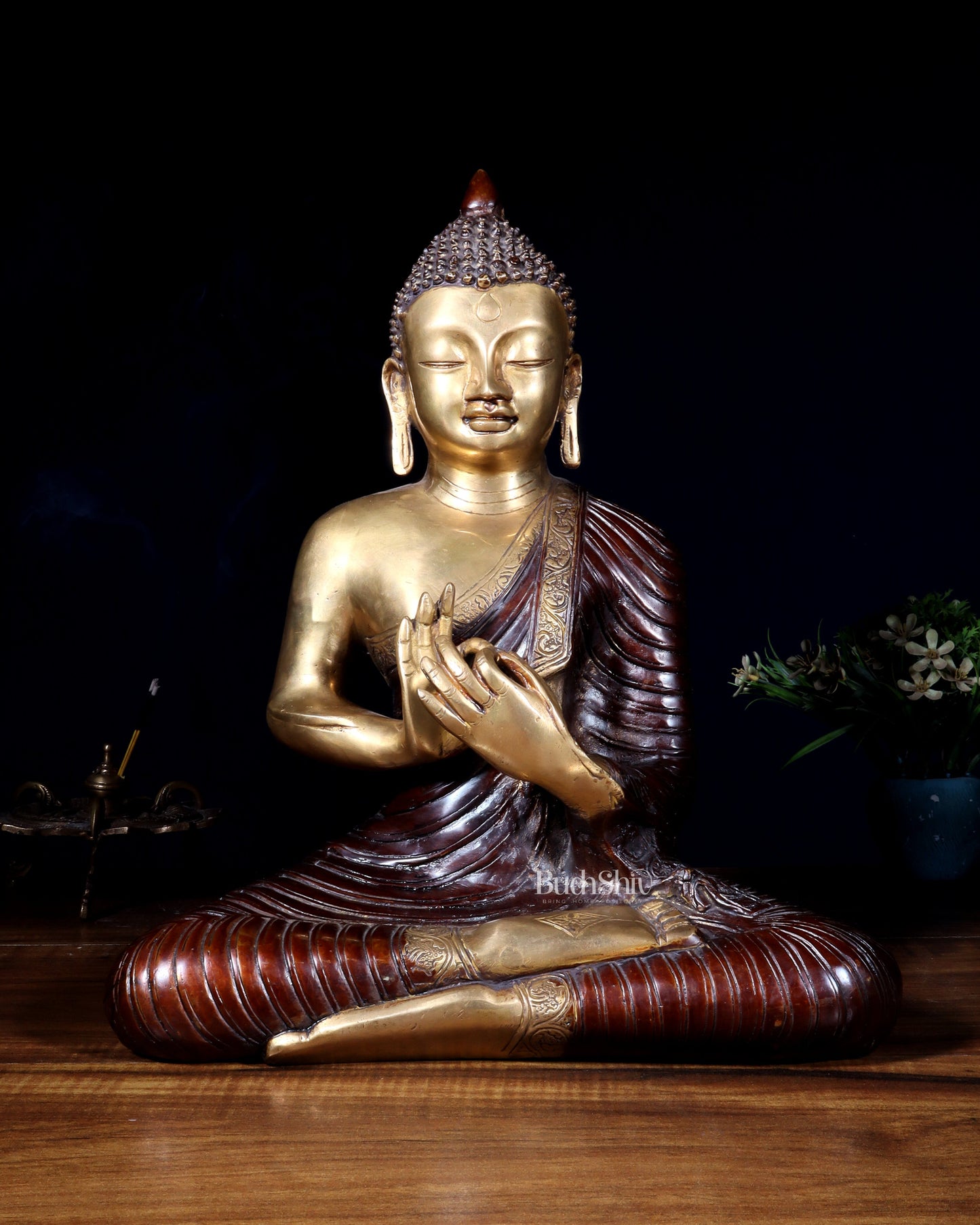 Pure Brass Buddha Statue 14 inch dual tone - Sama Homes Idol - Brass Sculpture