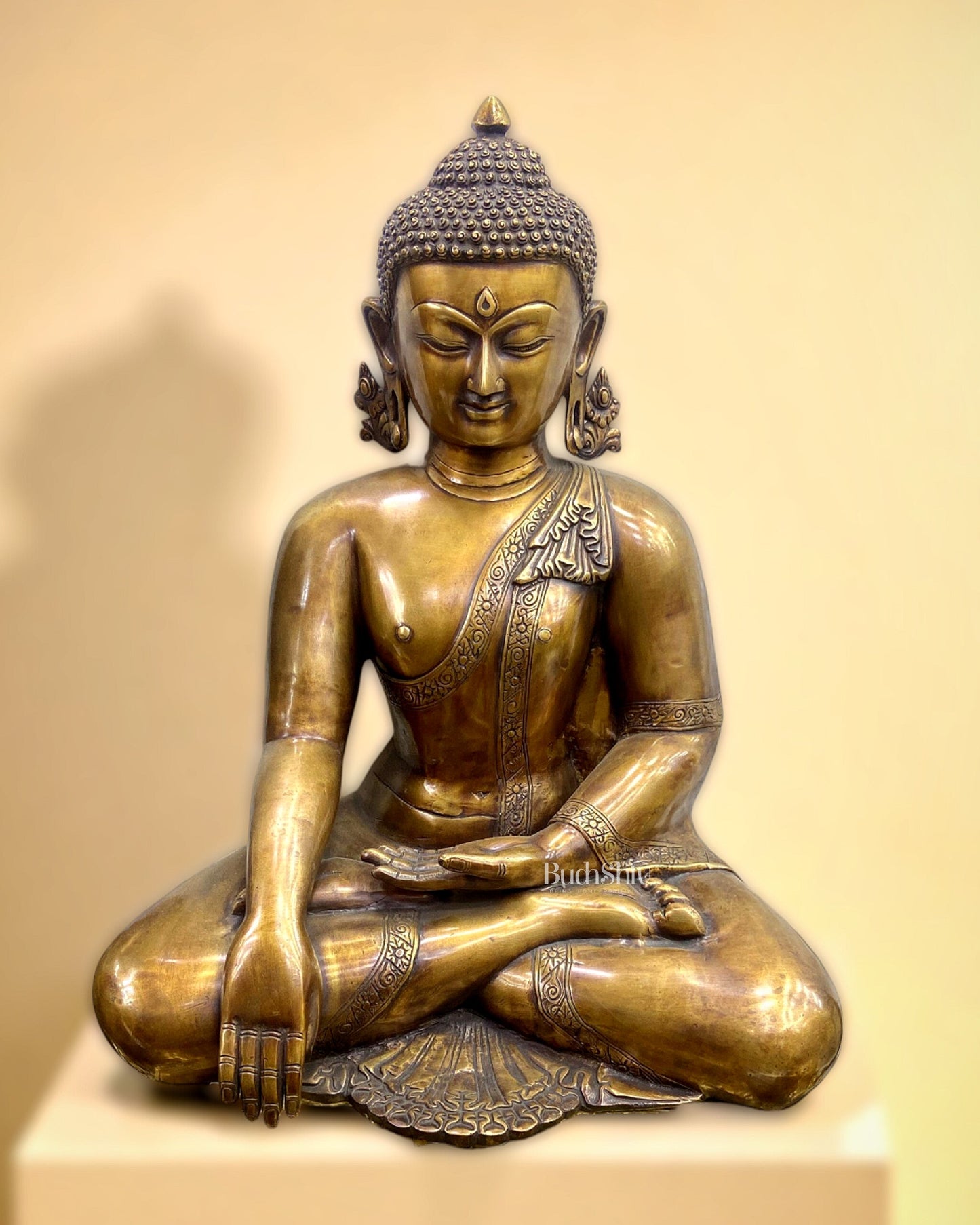 Pure Brass Buddha in Bhumisparsha Mudra Statue - 21" | large size - Sama Homes Idol - Brass Sculpture
