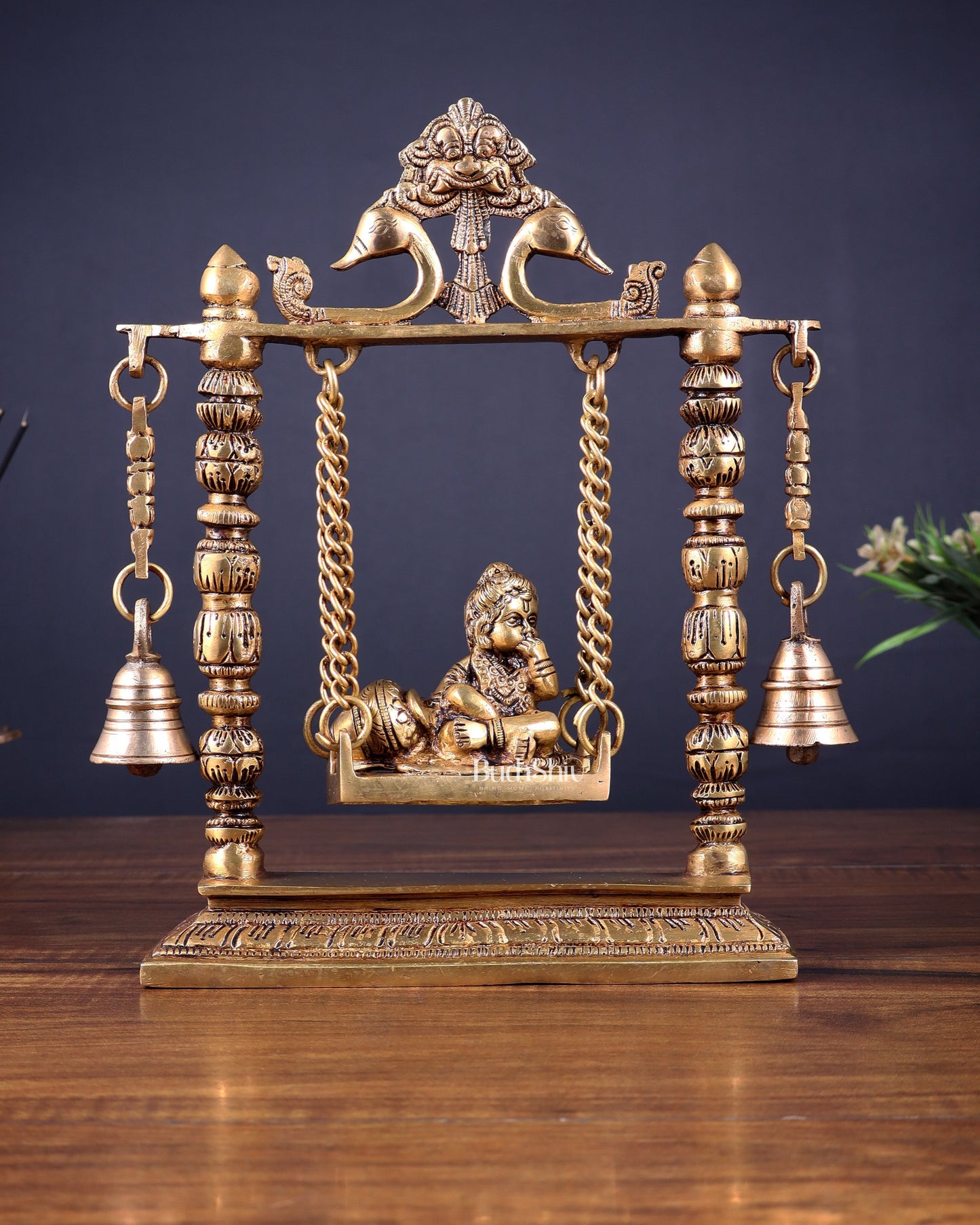 Pure Brass baby krishna bal gopal makhan chor Swing Hanging Bells | 10 Inch | - Sama Homes Idol - Brass Sculpture