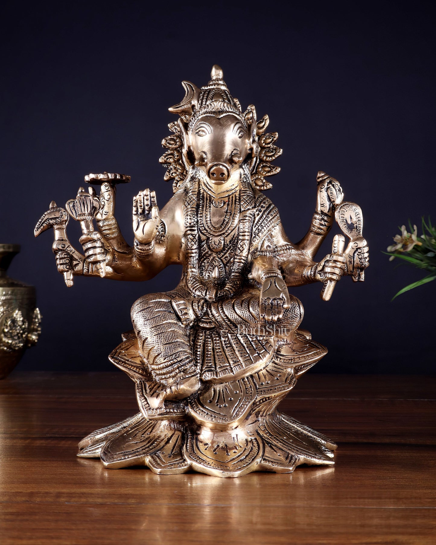 Brass Superfine Goddess Varahi Statue with Fine Carvings – 21.5 cm (8.5 in) - Sama Homes Idol - Brass Sculpture