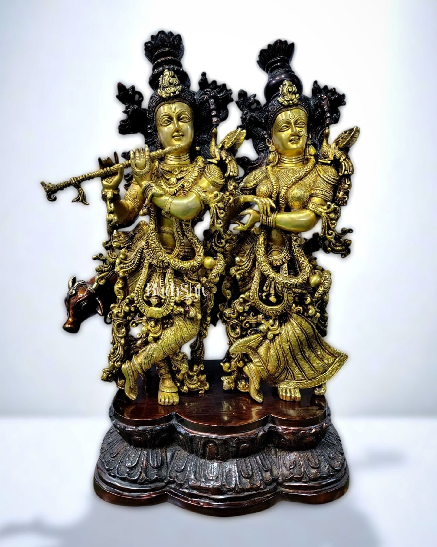Radha Krishna with cow brass idol 29 inch - Sama Homes Idol - Brass Sculpture