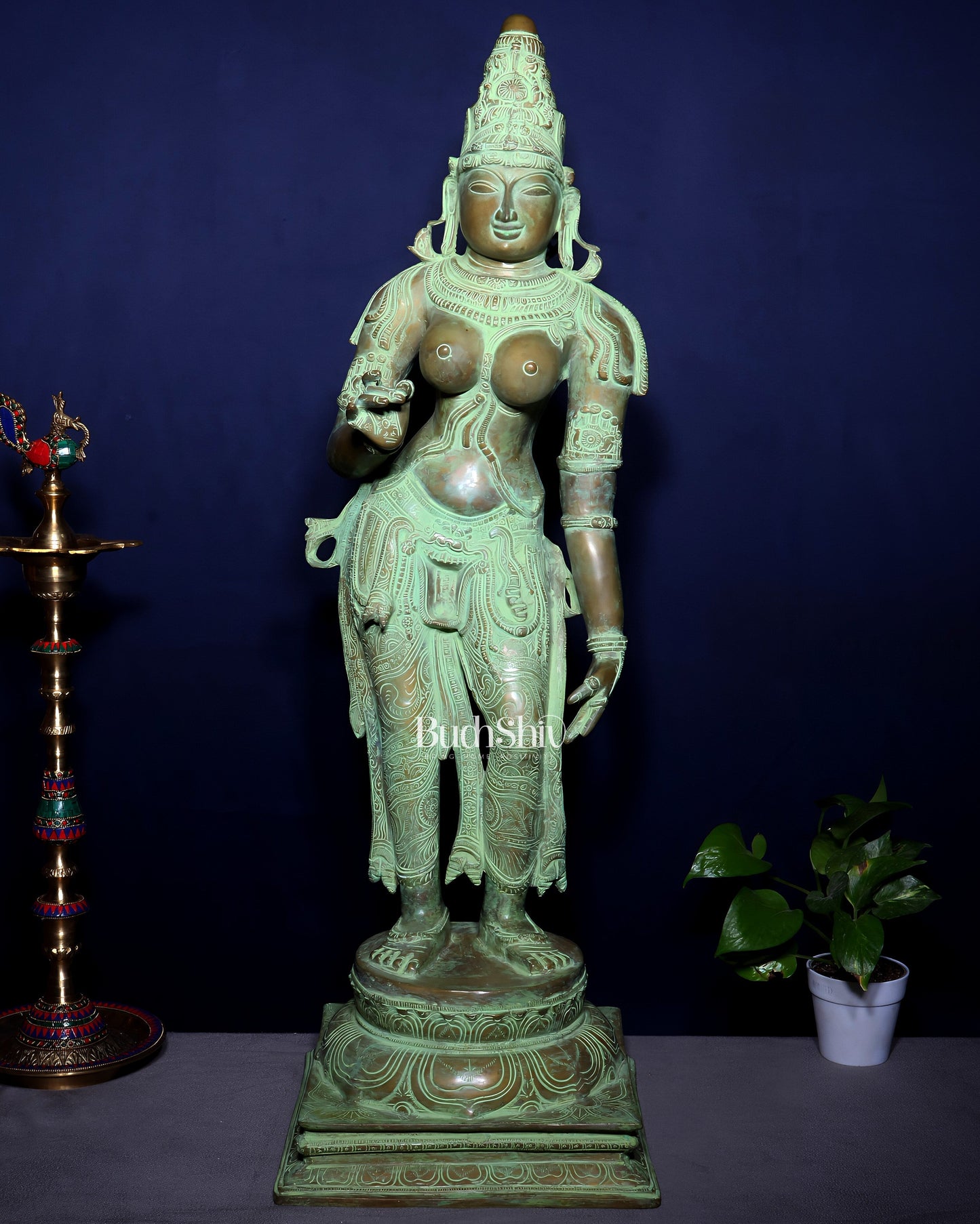 Vintage Bhoga Shakti Brass Standing Parvati Statue – Green Patina Finish (38 Inches, 30 Kg) - Sama Homes Idol - Brass Sculpture