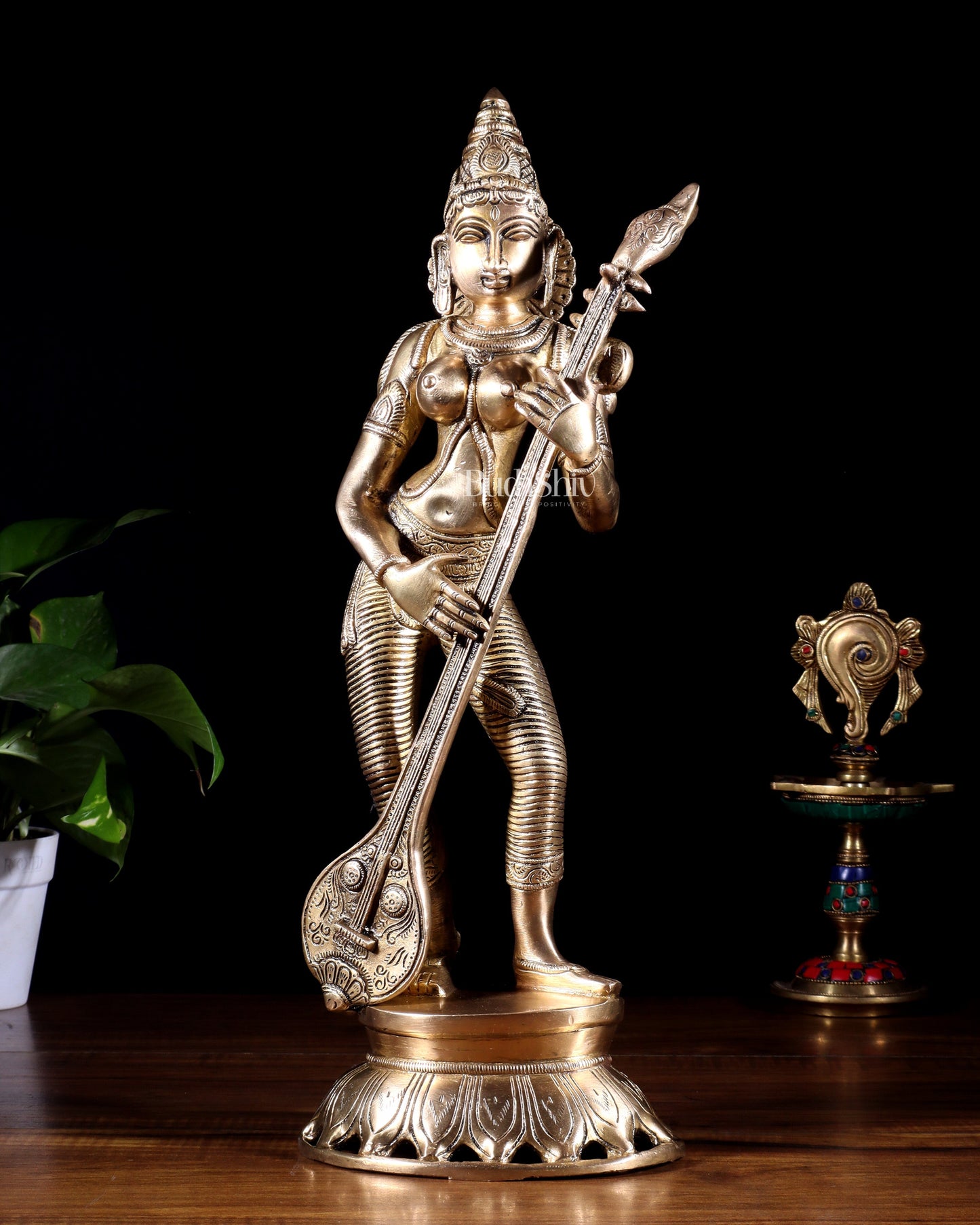 Brass Superfine Standing Goddess Saraswati Idol – 18" Height, Unique Design - Sama Homes Idol - Brass Sculpture