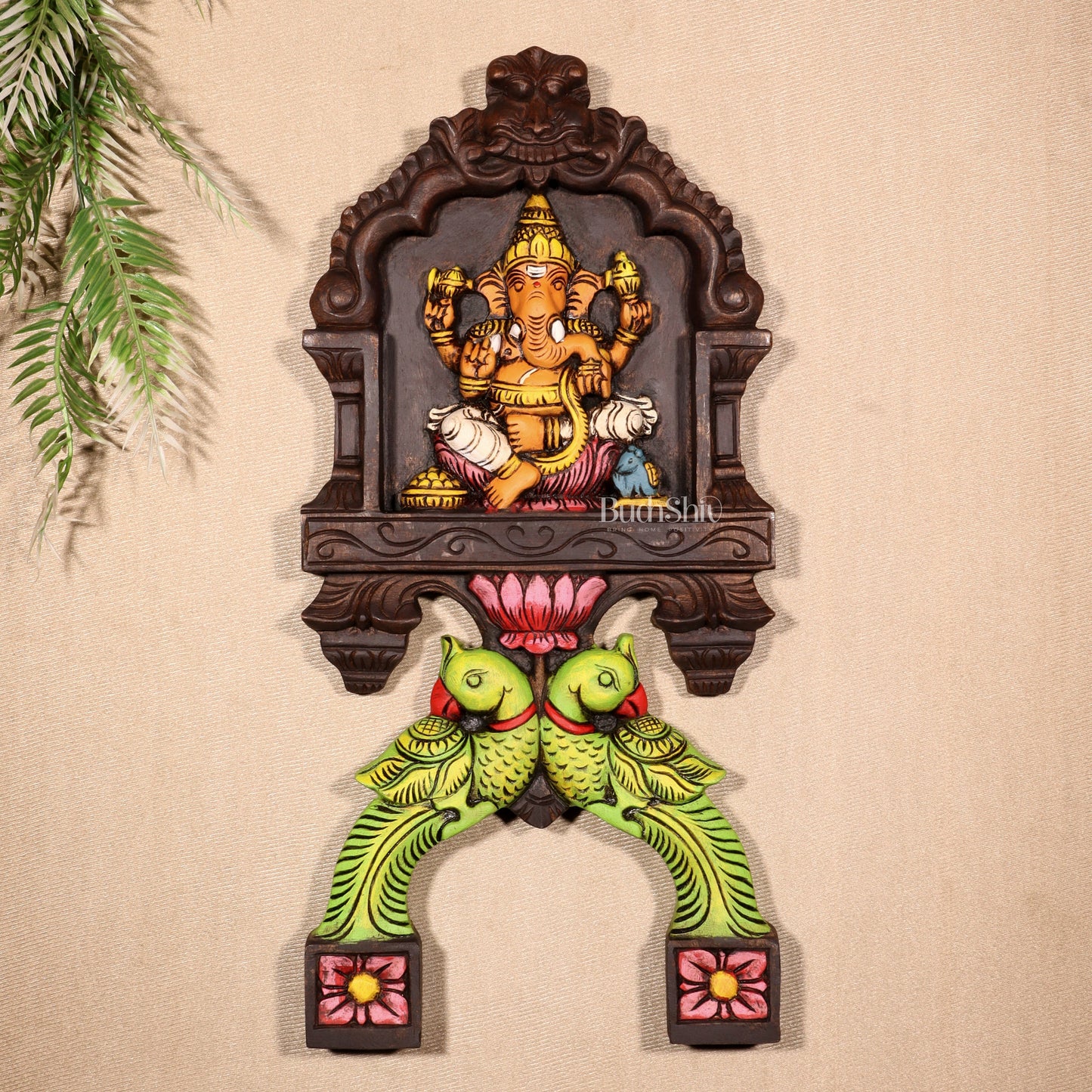 Handcrafted Wooden Ganesha with Twin Parrots Wall Panel – 24 Inches - Sama Homes Idol - Brass Sculpture