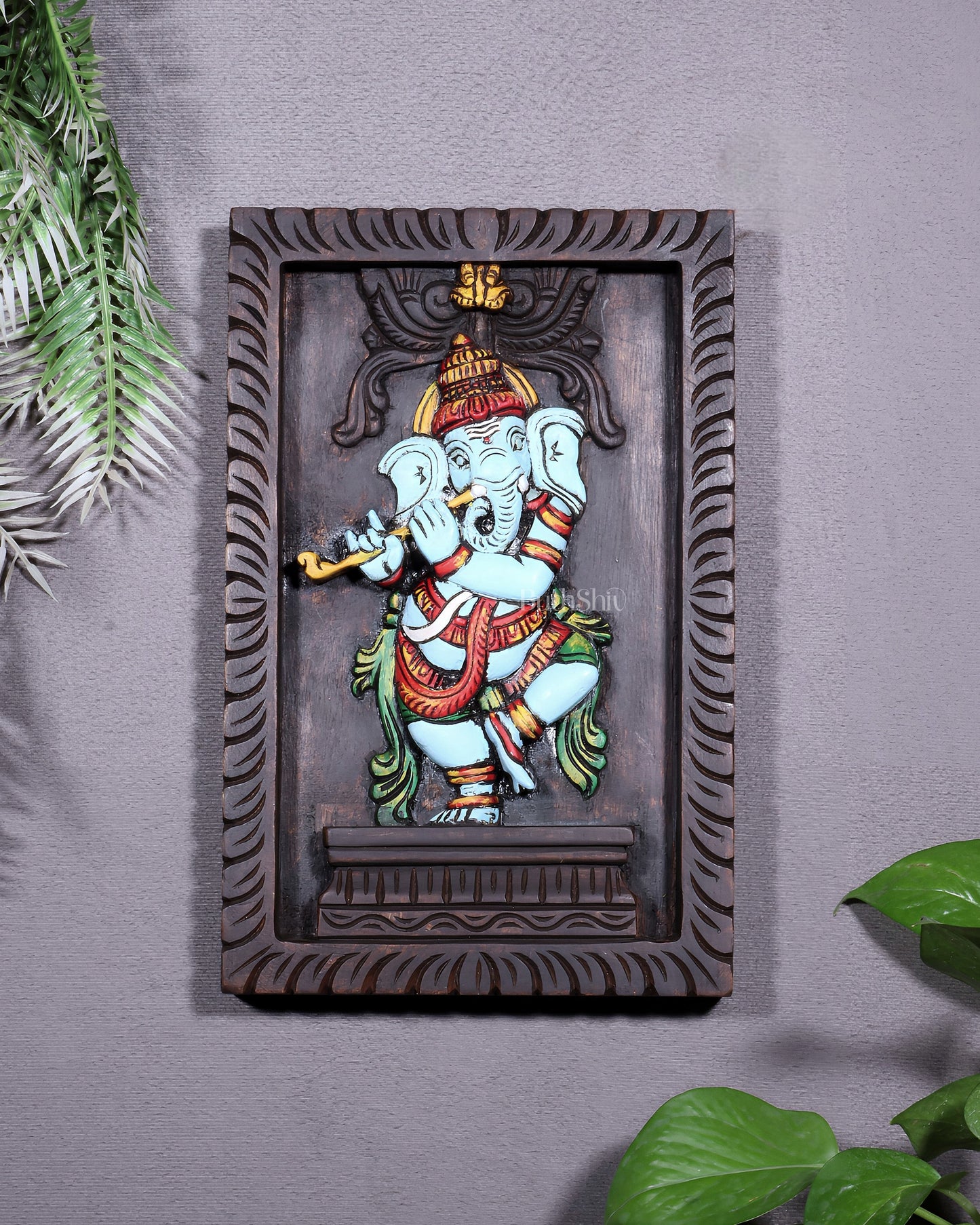 Dancing Ganesha Playing Flute – Handcrafted & Hand-Painted Wooden Wall Hanging Panel 18" - Sama Homes Idol - Brass Sculpture
