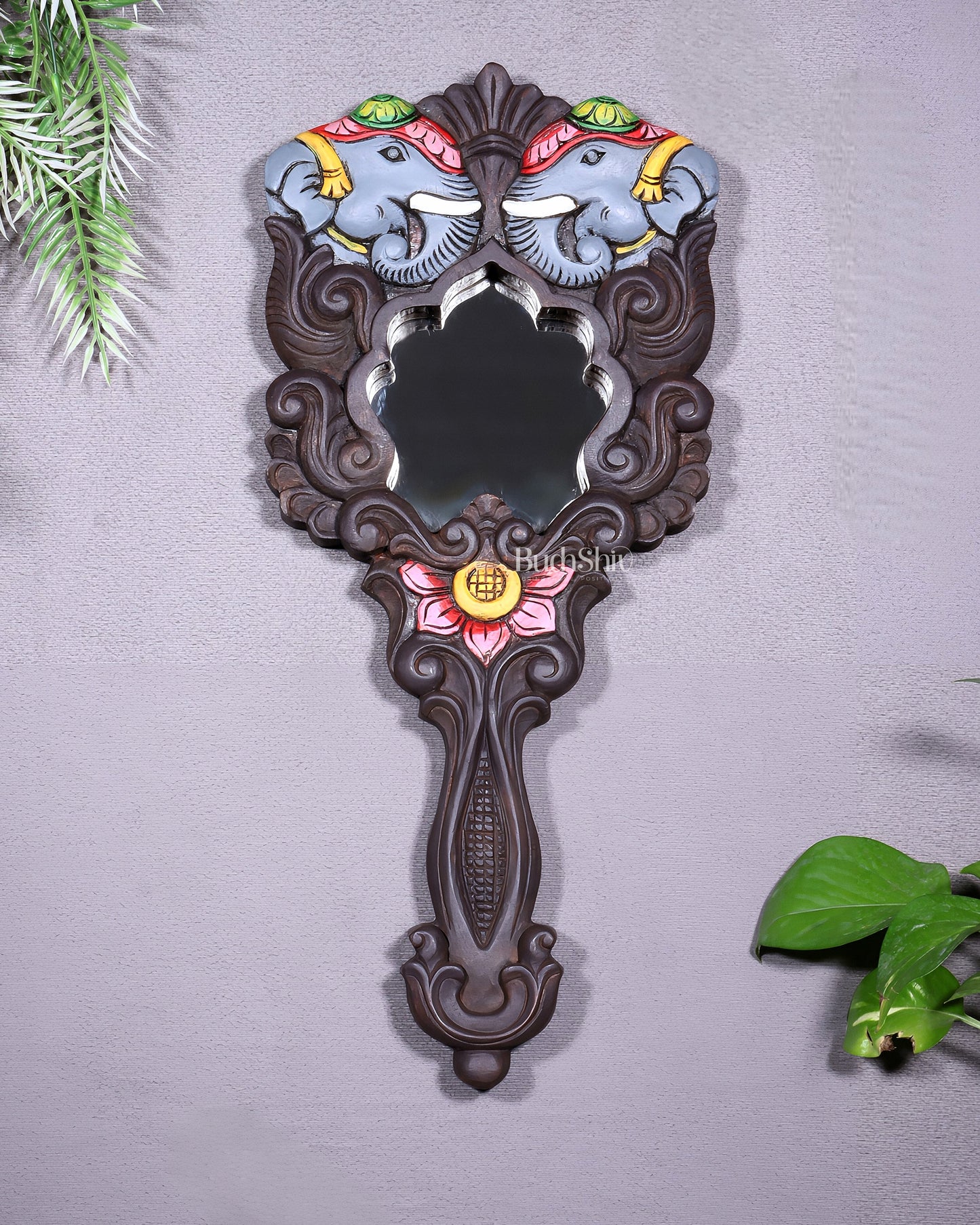 Wooden Twin Elephant Wall Hanging Mirror with Lotus Motif ā Handcrafted - Sama Homes Idol - Brass Sculpture