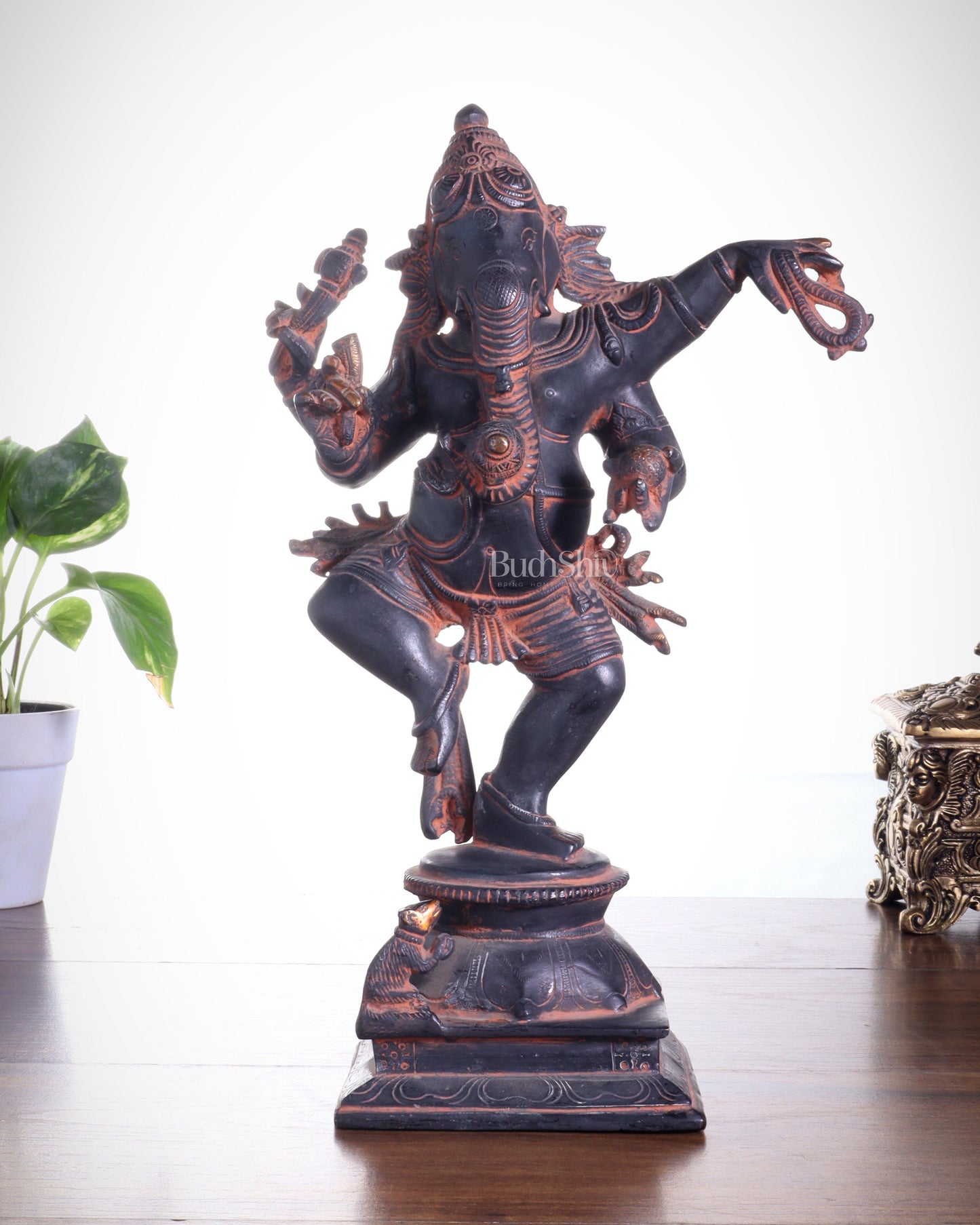 Brass Superfine Dancing Ganesha Statue - 12.5" Antique Sand finish | 100% Certified Copper & Brass - Sama Homes Idol - Brass Sculpture