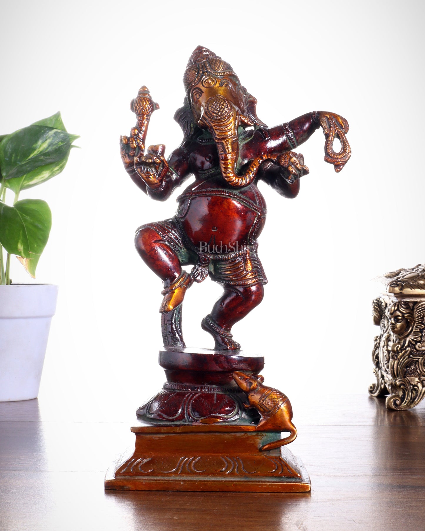 Pure Brass Dancing Ganesha with Stone Inlay – Shiny Chola Tone Finish 9" - Sama Homes Idol - Brass Sculpture