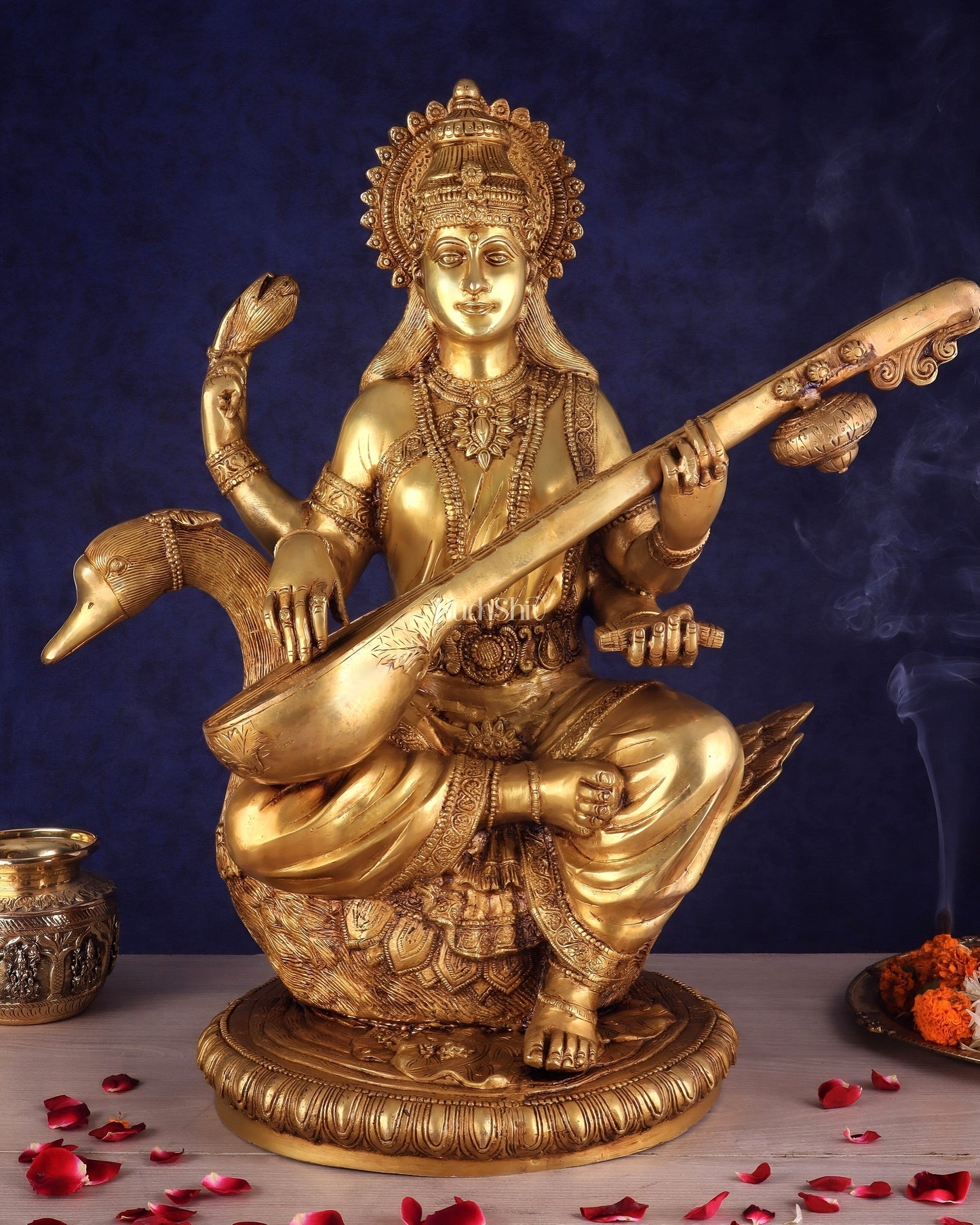 Pure Brass Large Goddess Saraswati Seated on Swan statue 24" - Sama Homes Idol - Brass Sculpture
