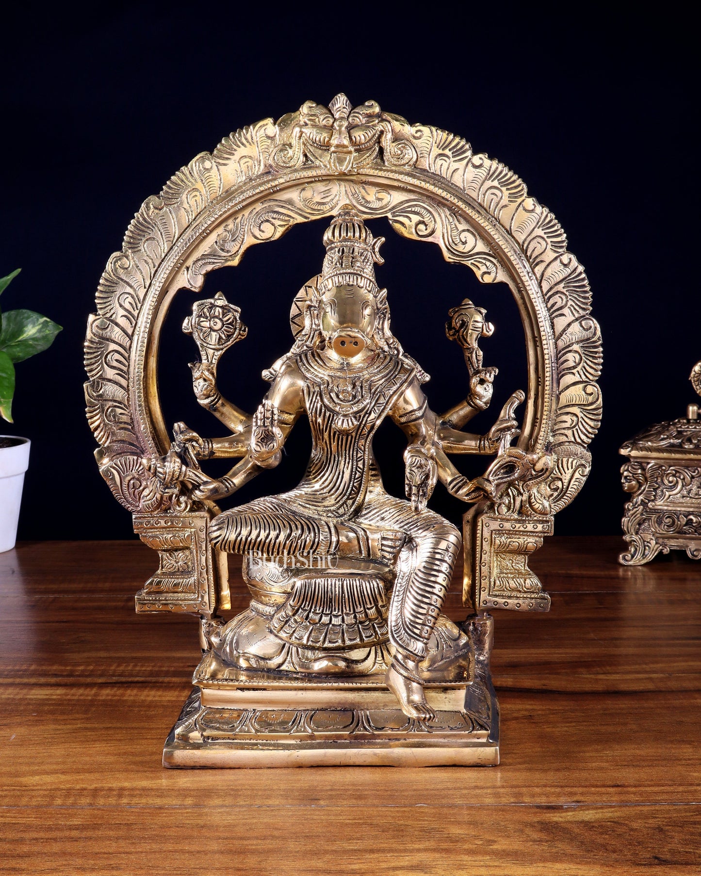 Brass Goddess Varahi Amman Statue with Prabhavali – Highly Detailed (13 Inches, 6 Kg) | 100% Certified Copper & Brass - Sama Homes Idol - Brass Sculpture
