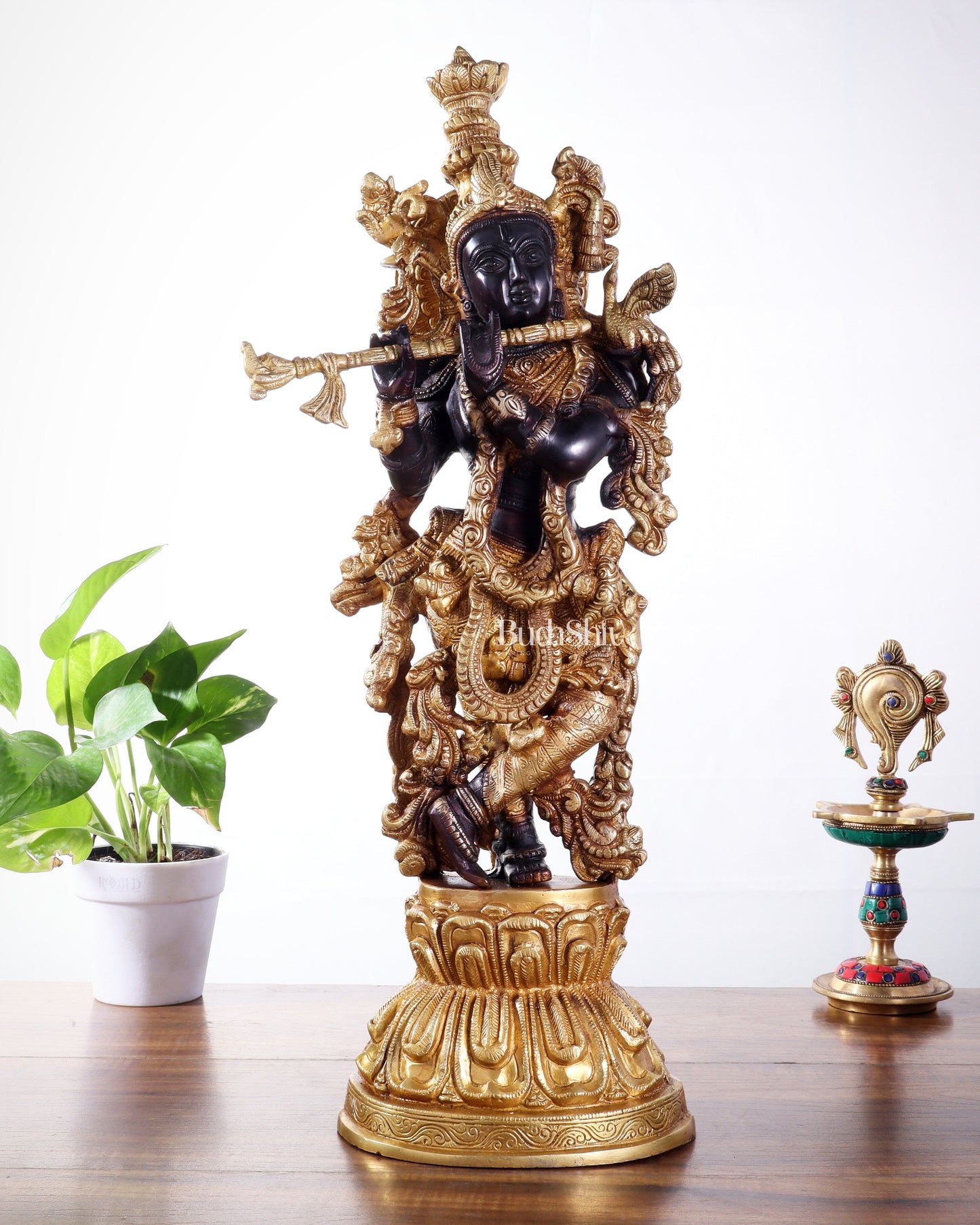 Pure Brass Handcrafted Krishna Statue – 21" black and gold finish - Sama Homes Idol - Brass Sculpture