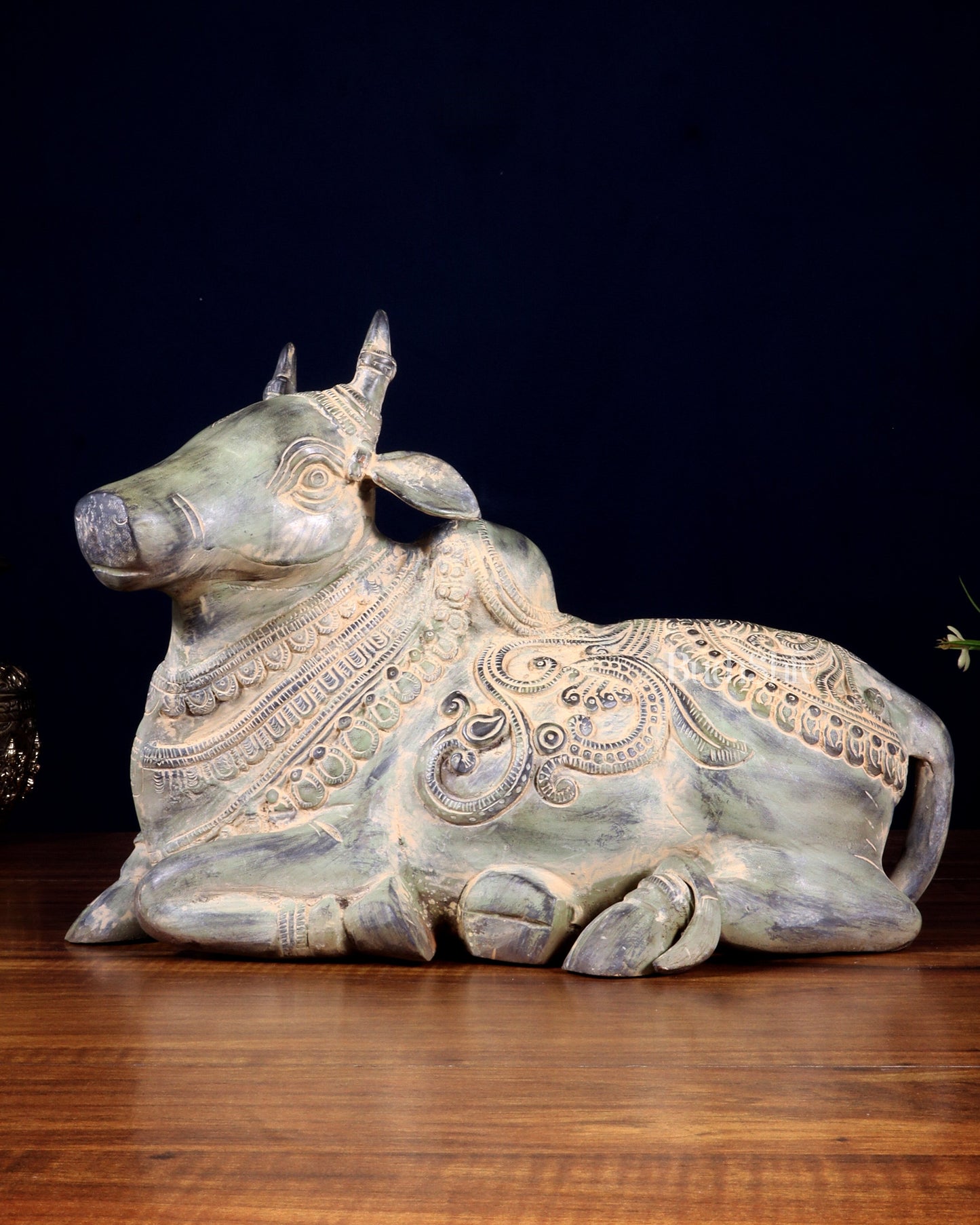 Vintage Pure Brass Nandi Statue – Sand Patina Finish | 13 inch - Sama Homes Idol - Brass Sculpture