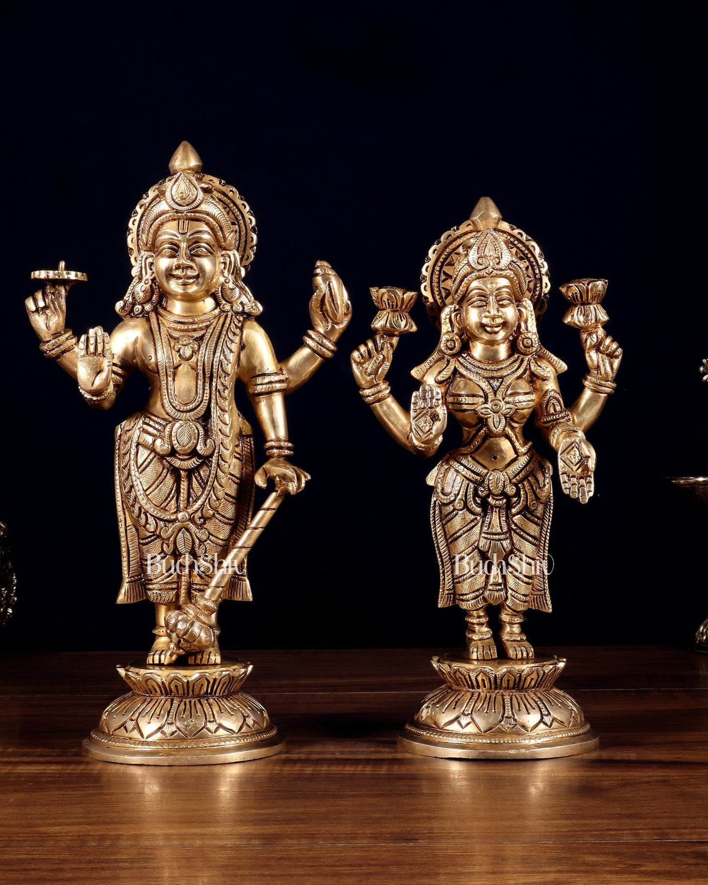 Pure Brass Vishnu Lakshmi Idols Pair – Lakshmi Narayan Murti Set |11" - Sama Homes Idol - Brass Sculpture