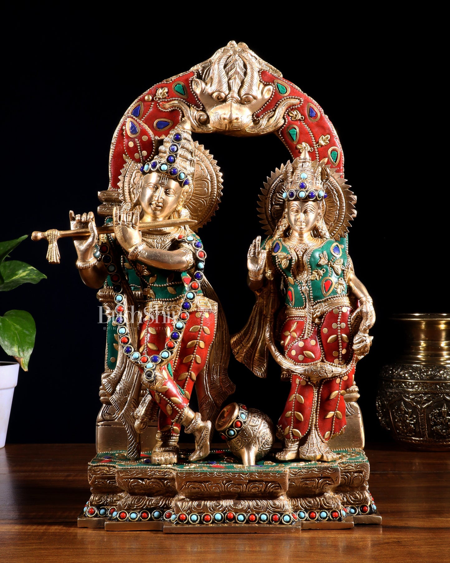 Handcrafted Brass Radha Krishna Idol - Ecstatic Posture 14 inch with stonework - Sama Homes Idol - Brass Sculpture