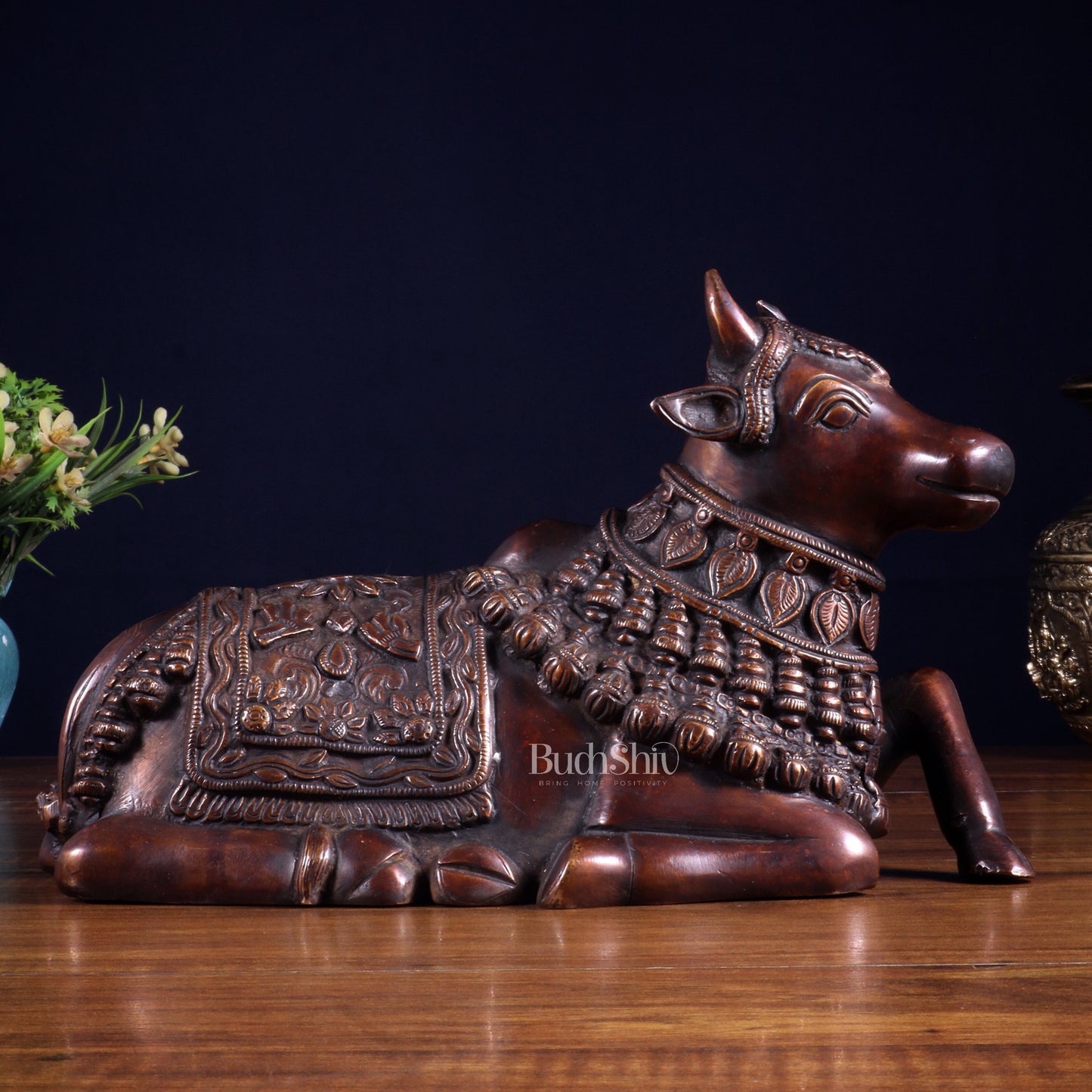 Pure Brass Engraved Nandi Statue – 10" Dark brown - Sama Homes Idol - Brass Sculpture