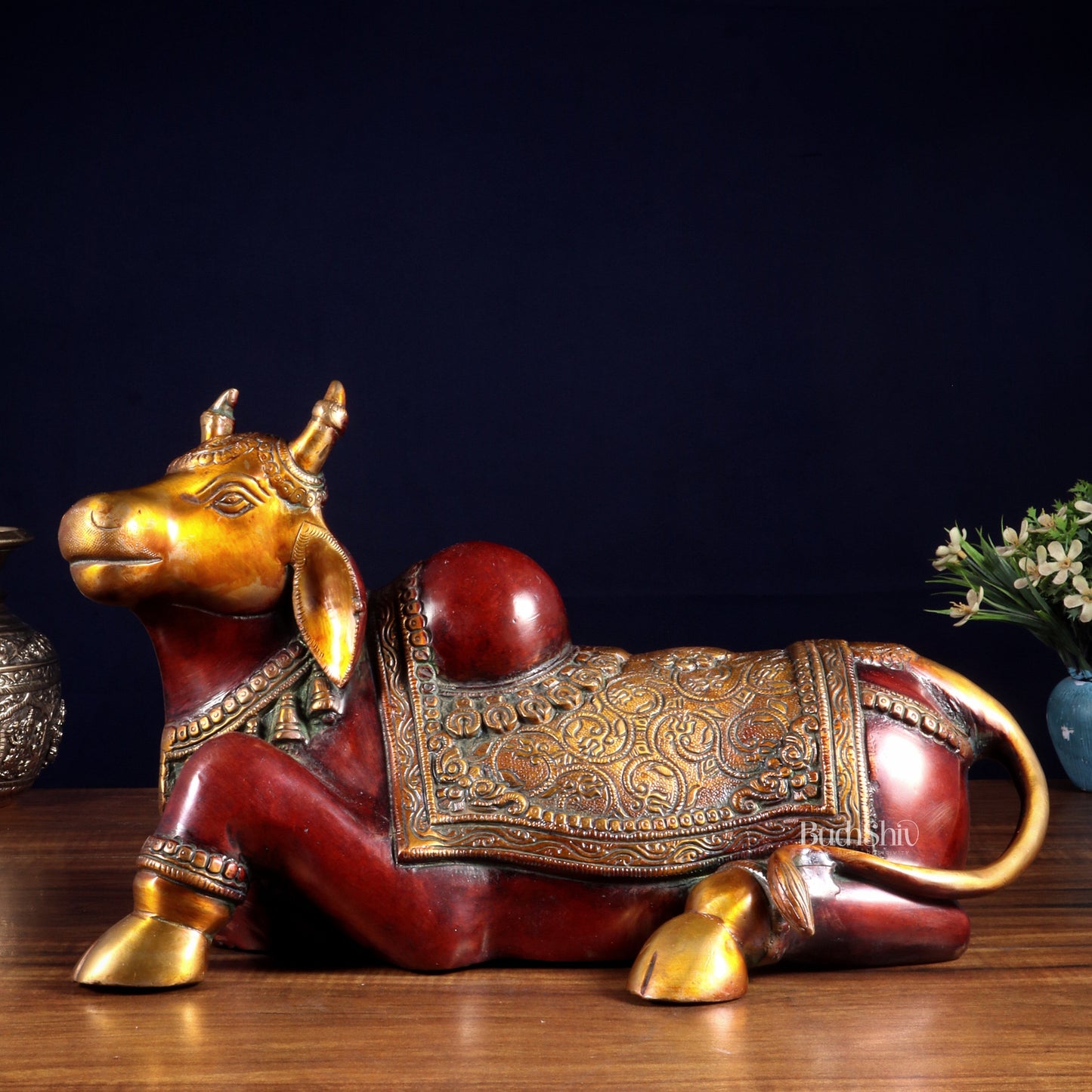 Brass Nandi Statue Hoysala red tone - 15 inch | 100% Certified Copper & Brass - Sama Homes Idol - Brass Sculpture