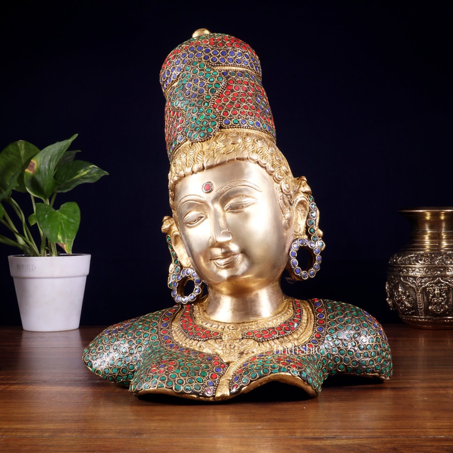 Brass Parvati face Bust table accent 12" stonework | 100% Certified Copper & Brass - Sama Homes Idol - Brass Sculpture
